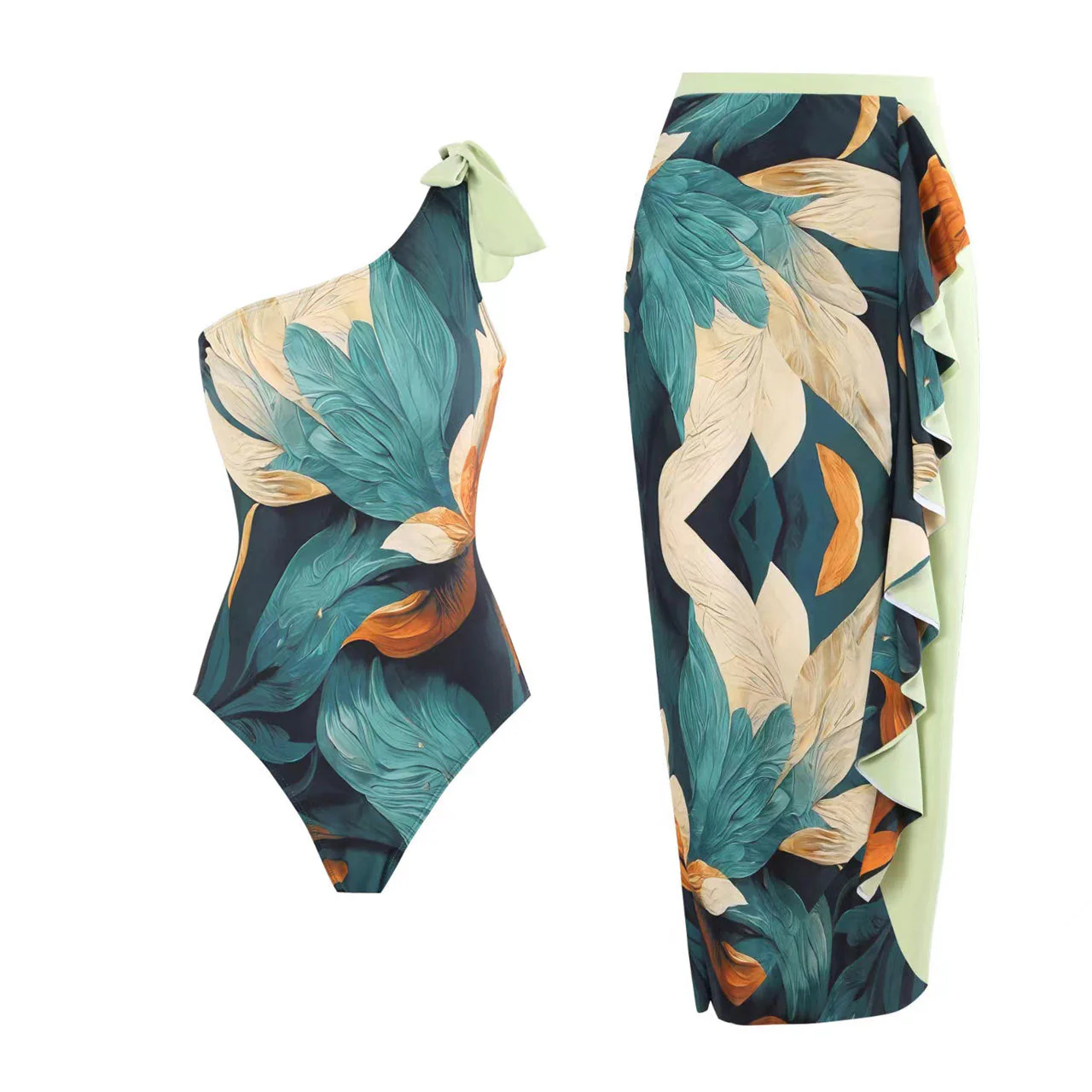 Heidi-Mode | Damen Badeanzug-Set mit Elegantem Asymmetrischen Design und Verspieltem Rockdetail
