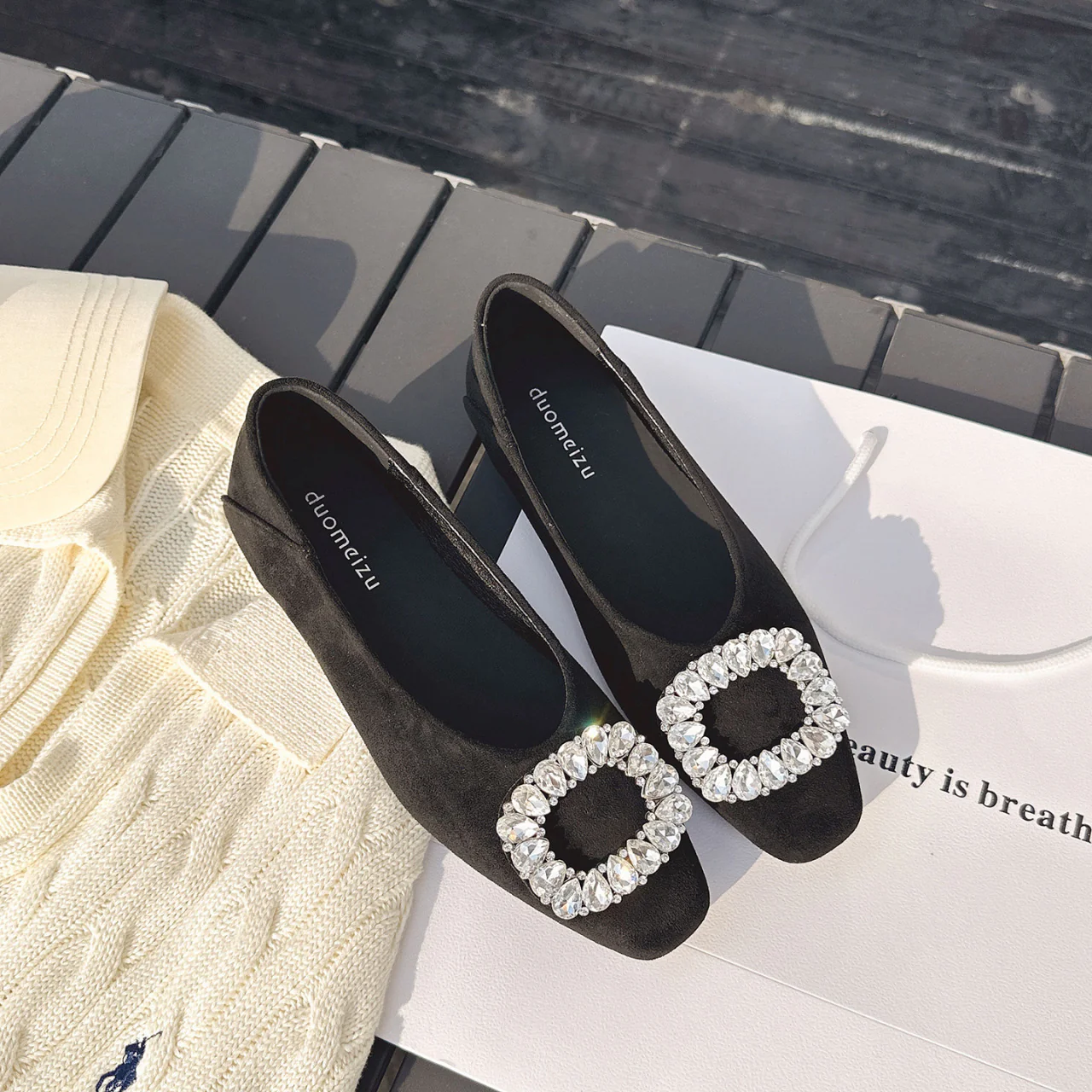 Damen Ballerinas mit luxuriösem Strassbesatz und elegantem Samtoberteil Heidi Mode