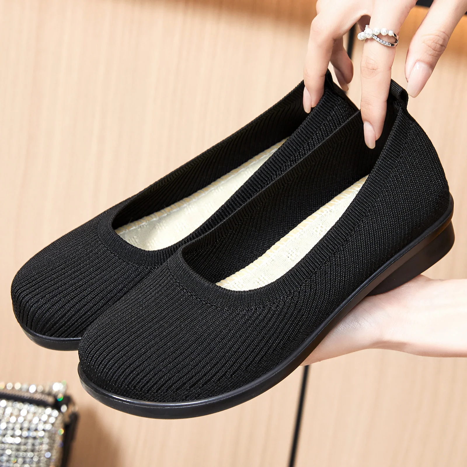 Damen Bequeme Strick-Ballerinas mit elastischem Einstieg Heidi Mode