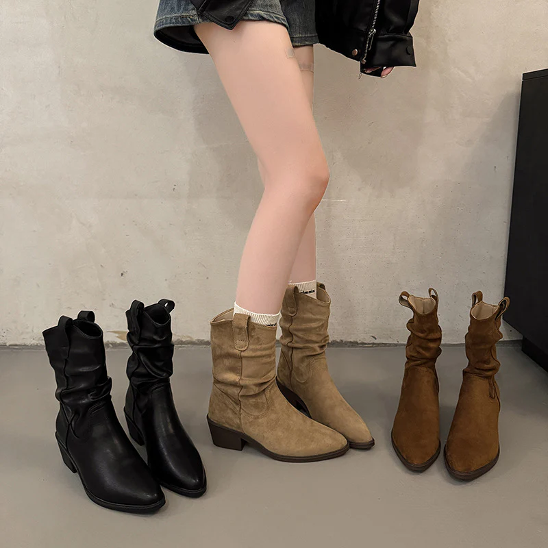 Damen Cowboy-Stiefel mit modischem Falten-Design und komfortablem Blockabsatz Heidi Mode