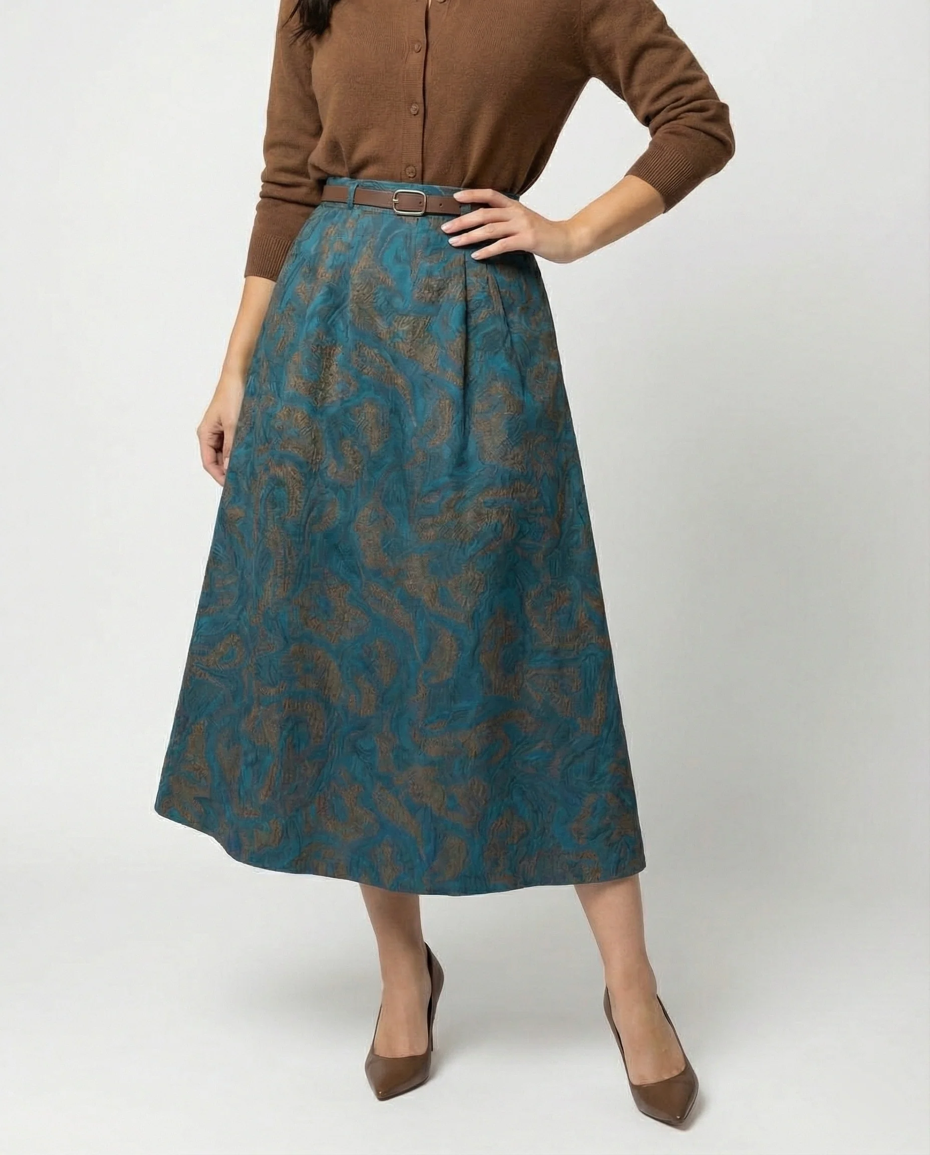 Damen Polo Cardigan Zopfmuster Midirock mit hohem Bund, Jacquardstruktur, dezenter Faltenlegung und Eingrifftaschen Heidi Mode