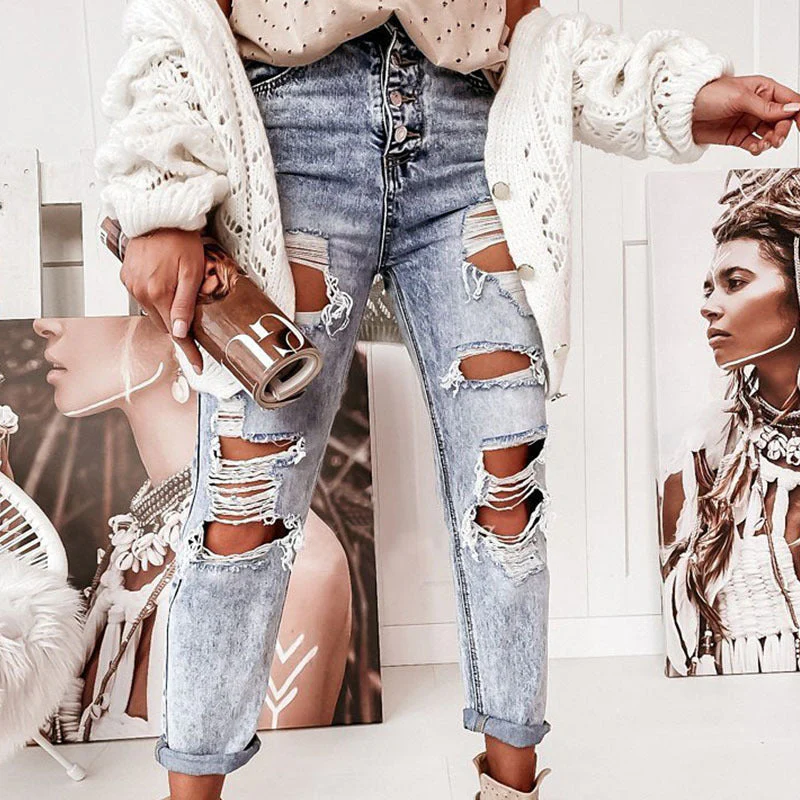 Damen Destroyed Boyfriend Jeans Im Lässigen Vintage-Stil mit Hohem Bund Heidi-Mode