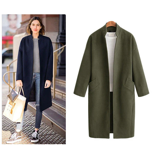 Damen Elegante Langjacke mit Lässigem Kragen und Praktischen Taschen Heidi-Mode