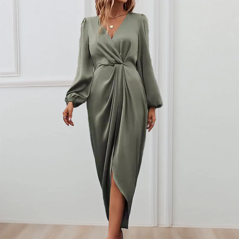 Damen Elegantes Maxikleid mit Tiefem V-Ausschnitt und Ballonärmeln Heidi-Mode