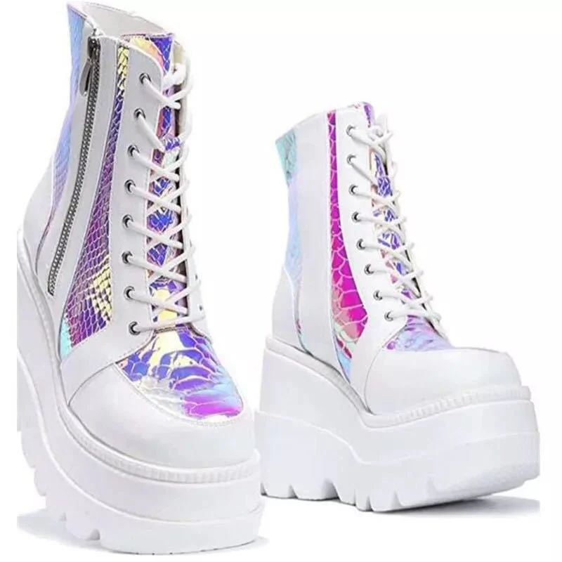 Damen Hochformatige Plateau-Schnürstiefel mit Kunstleder und reflektierenden Akzenten Heidi Mode