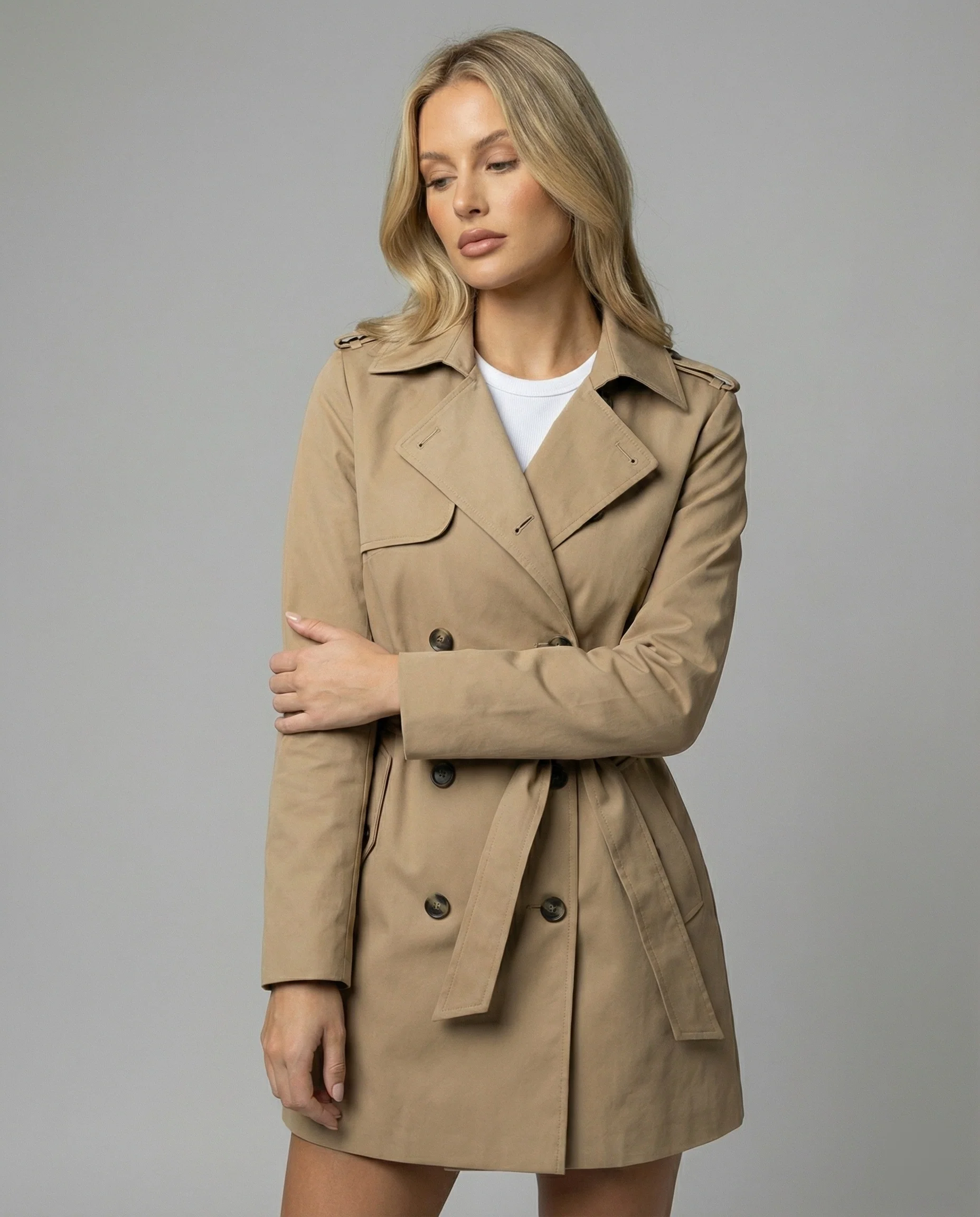Damen Hoodie Herren Mehrfarbig taillierter Kurzmantel aus Wollmix mit Bindegürtel und doppelreihiger Knopfleiste Heidi-Mode