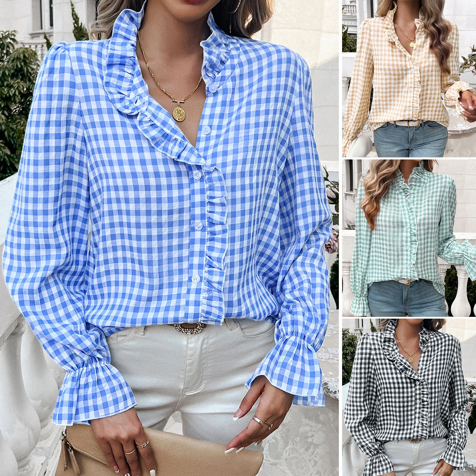 Damen Karierte Bluse mit Rüschendetails und Knopfleiste Heidi-Mode