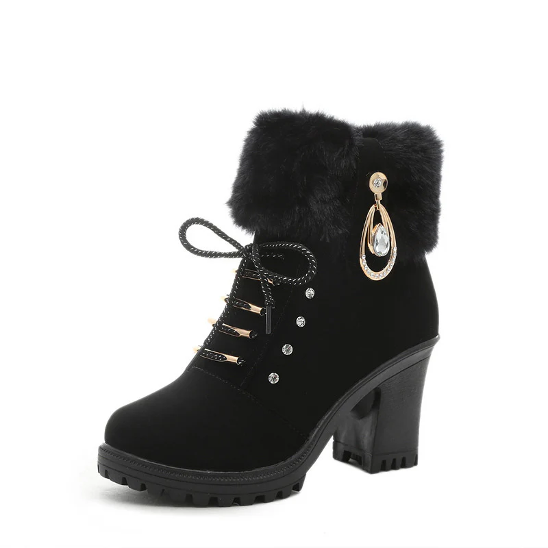 Damen Kunstfellgefütterte Stiefeletten mit eleganten Schnallen und robustem Blockabsatz Heidi Mode