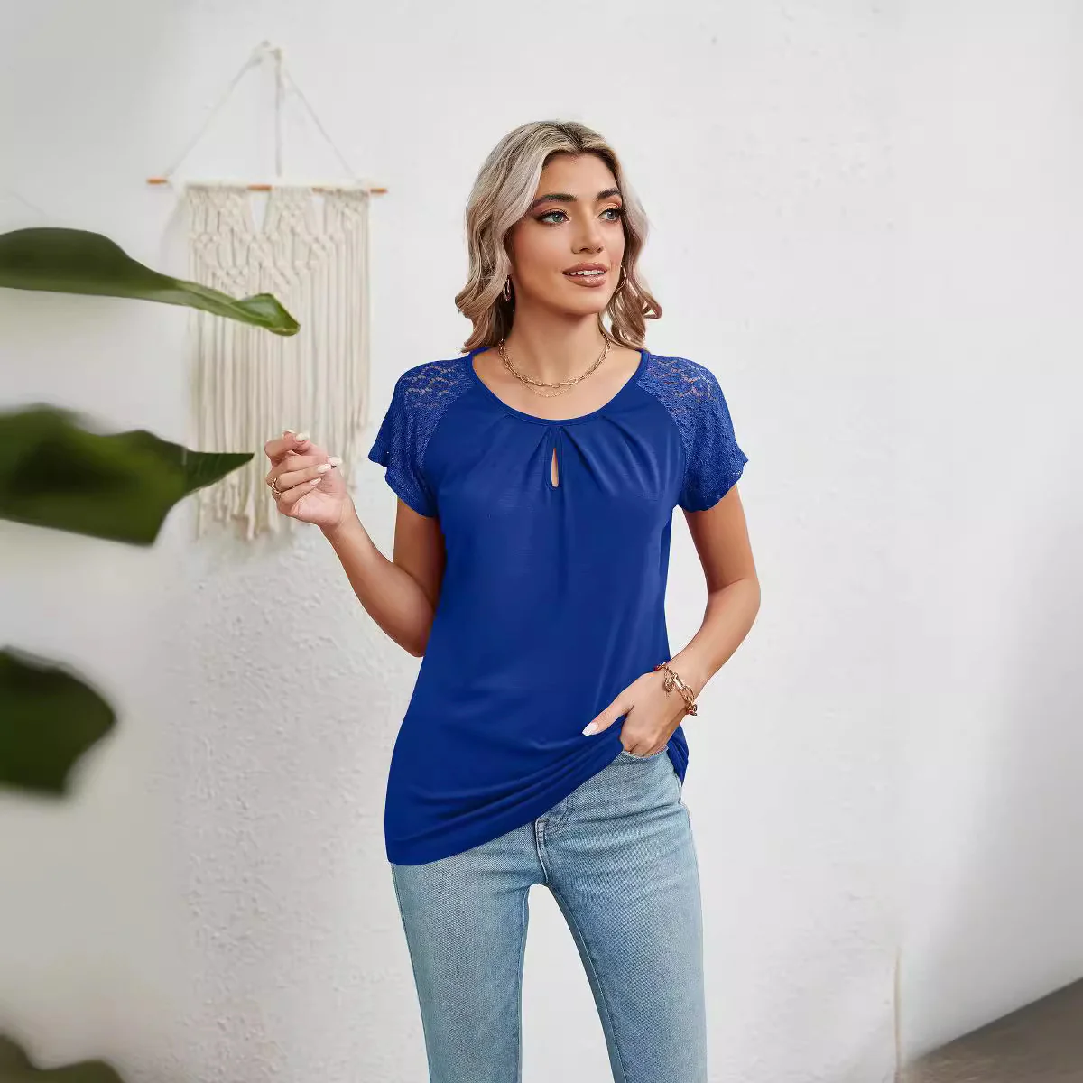 Damen Kurzarm-Bluse mit Spitzenärmeln Heidi-Mode