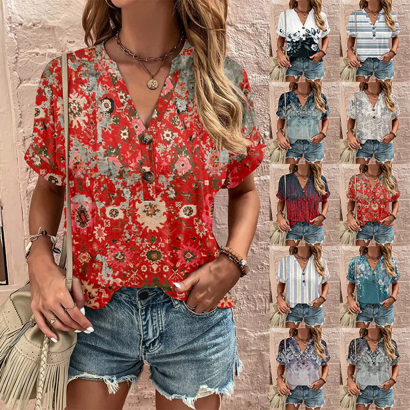 Damen Lässiges Kurzärmliges Blusenshirt mit Verspieltem Paisleymuster und Modernen Knopfdetails Heidi-Mode