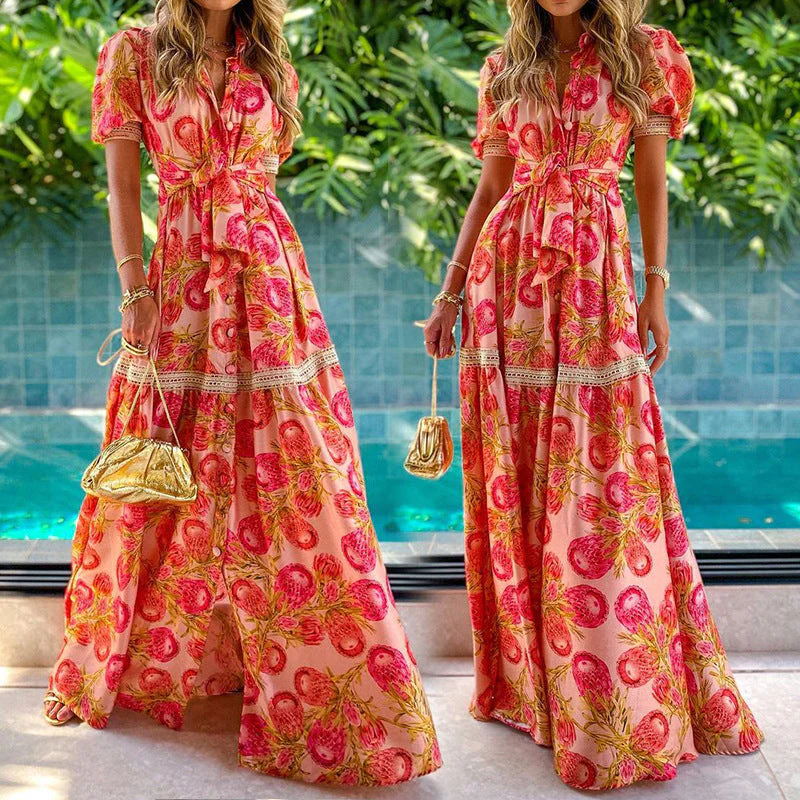 Damen Maxikleid mit Floralen Applikationen und Taillengürtel Heidi-Mode
