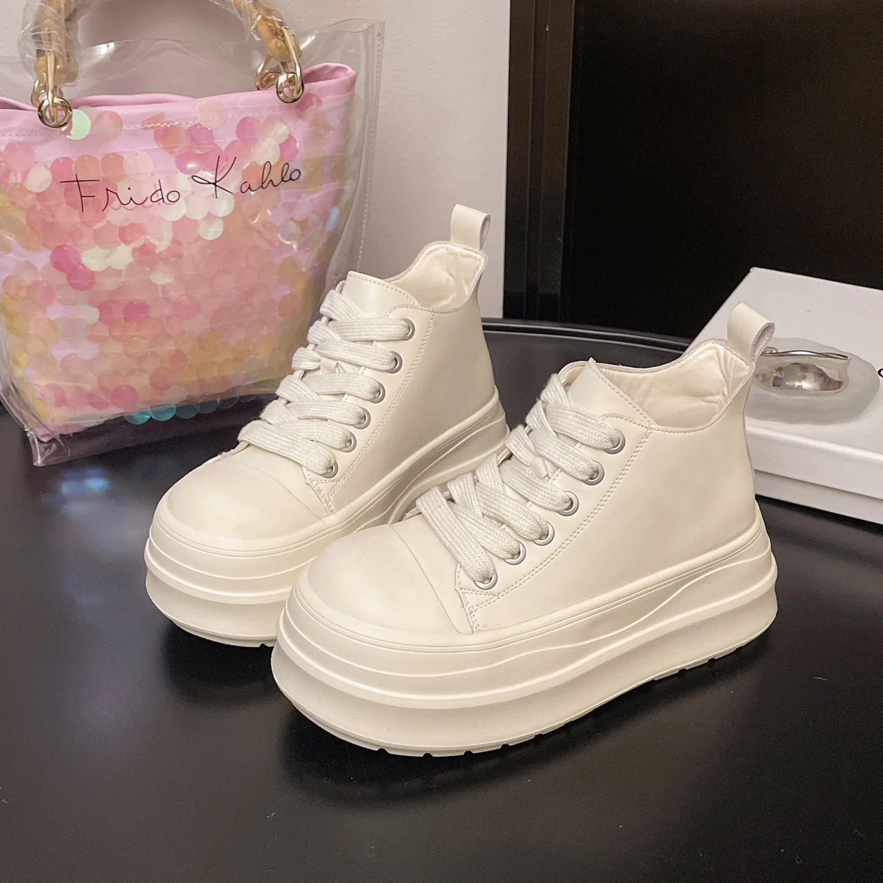 Damen modische Plateau-Hochschuh Sneakers mit dreifarbiger Sohle Heidi Mode