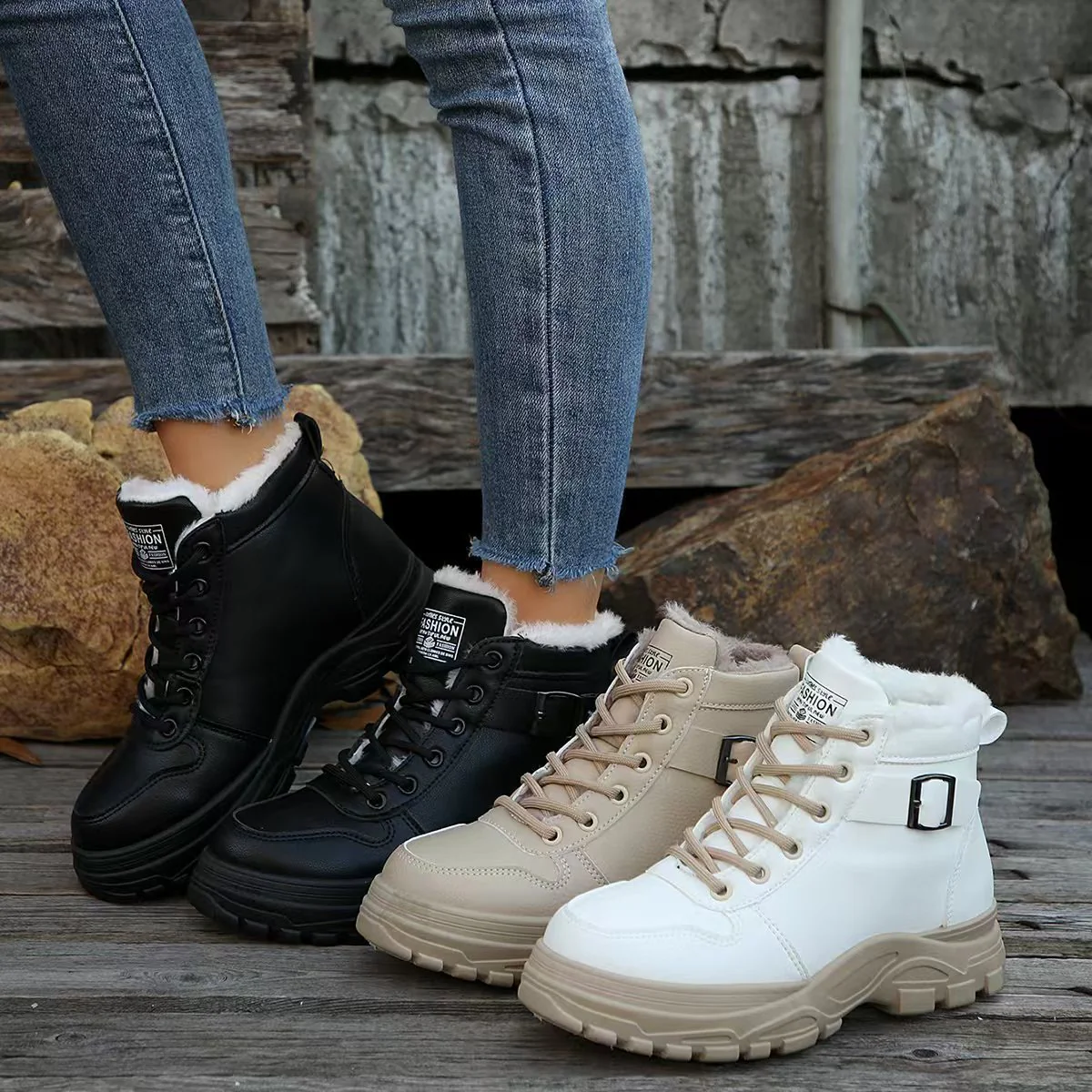 Damen modische Schnürstiefel mit warmem Fleece-Futter und rutschfester Sohle Heidi Mode