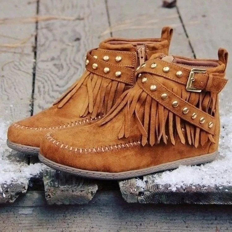 Damen Mokassin Stiefeletten mit modischen Fransen und dekorativen Nieten Heidi Mode