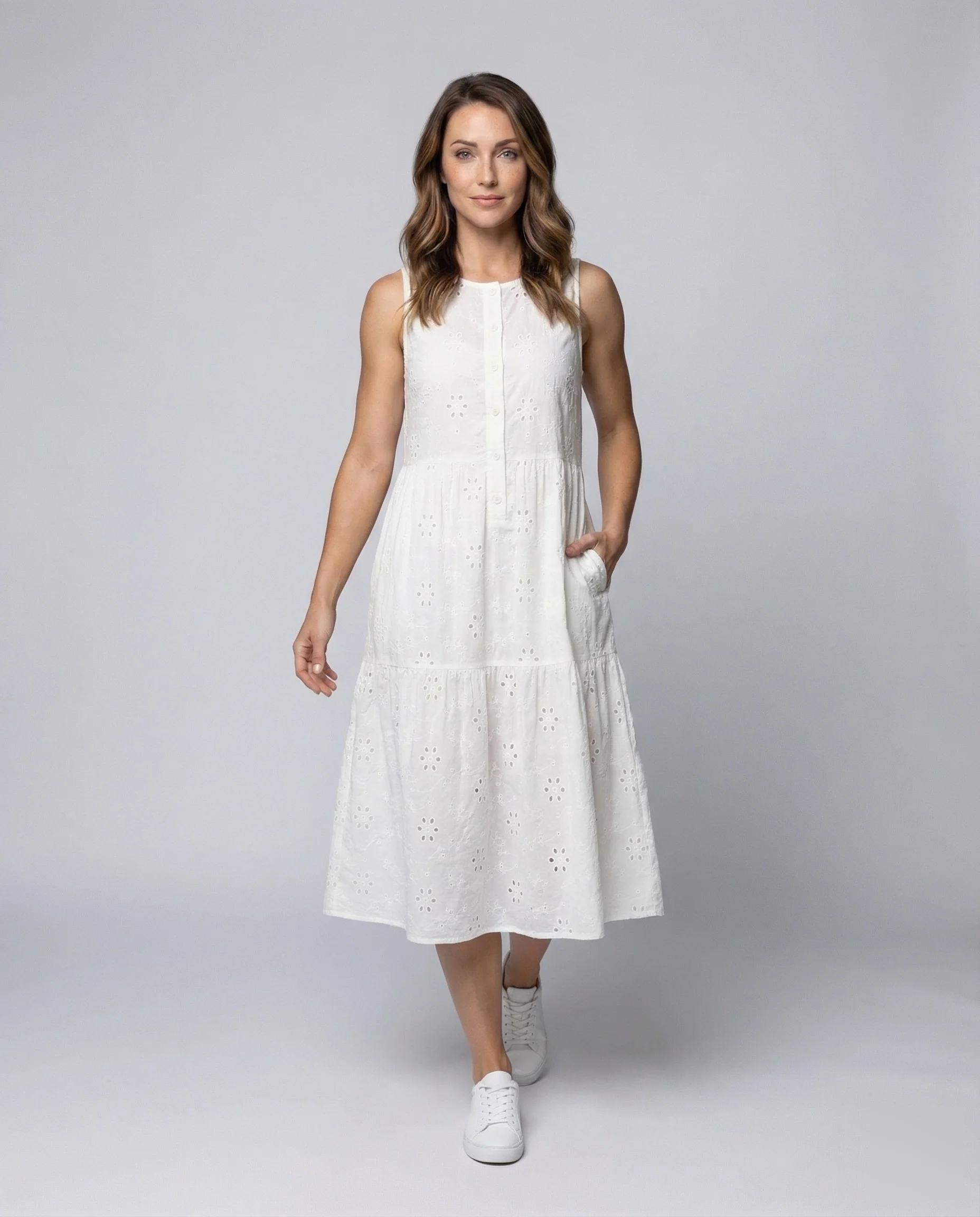 Damen Ärmelloses Broderie A-Linien Kleid mit Taschen