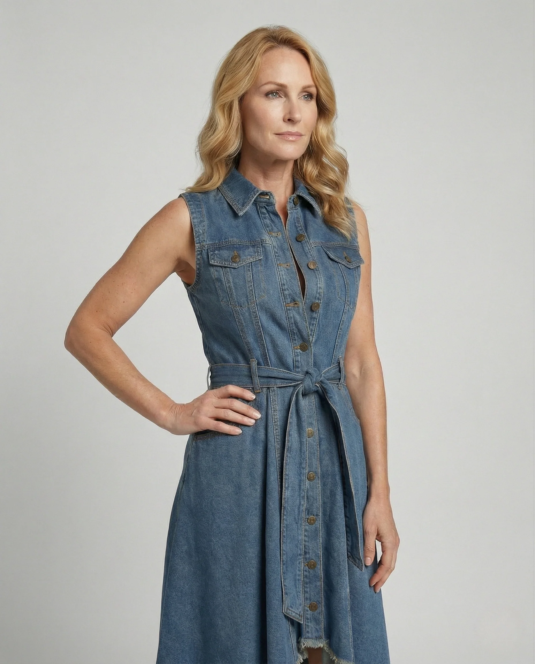 Ärmelloses Jeanskleid Damen Asymmetrisch Mit Taillengürtel
