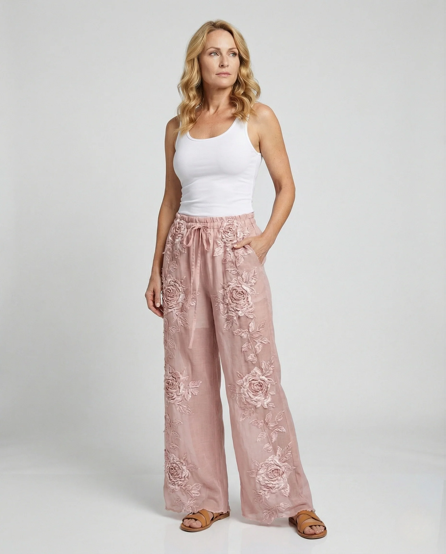 Damen Boho-Haremshose mit Blumenapplikationen