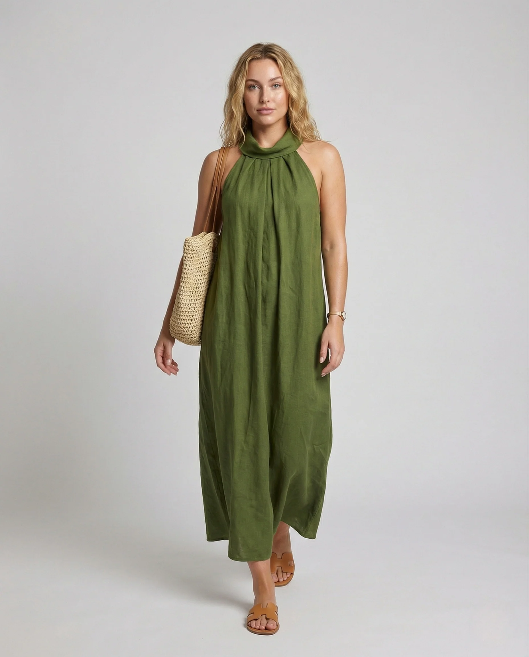 Damen Neckholder Maxikleid mit Bindegürtel