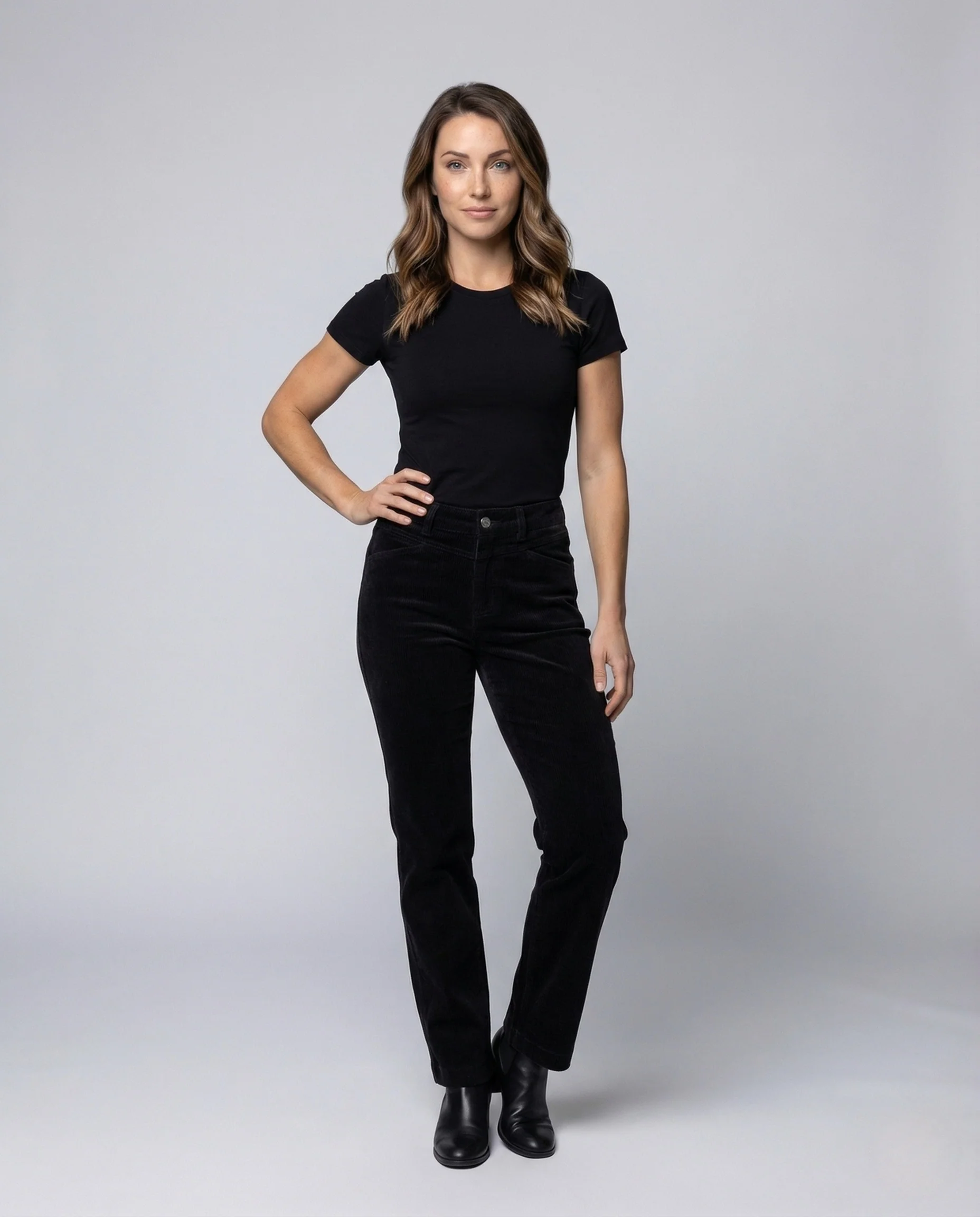 Damen Feincordhose High Waist Gerades Bein Elastischer Bund