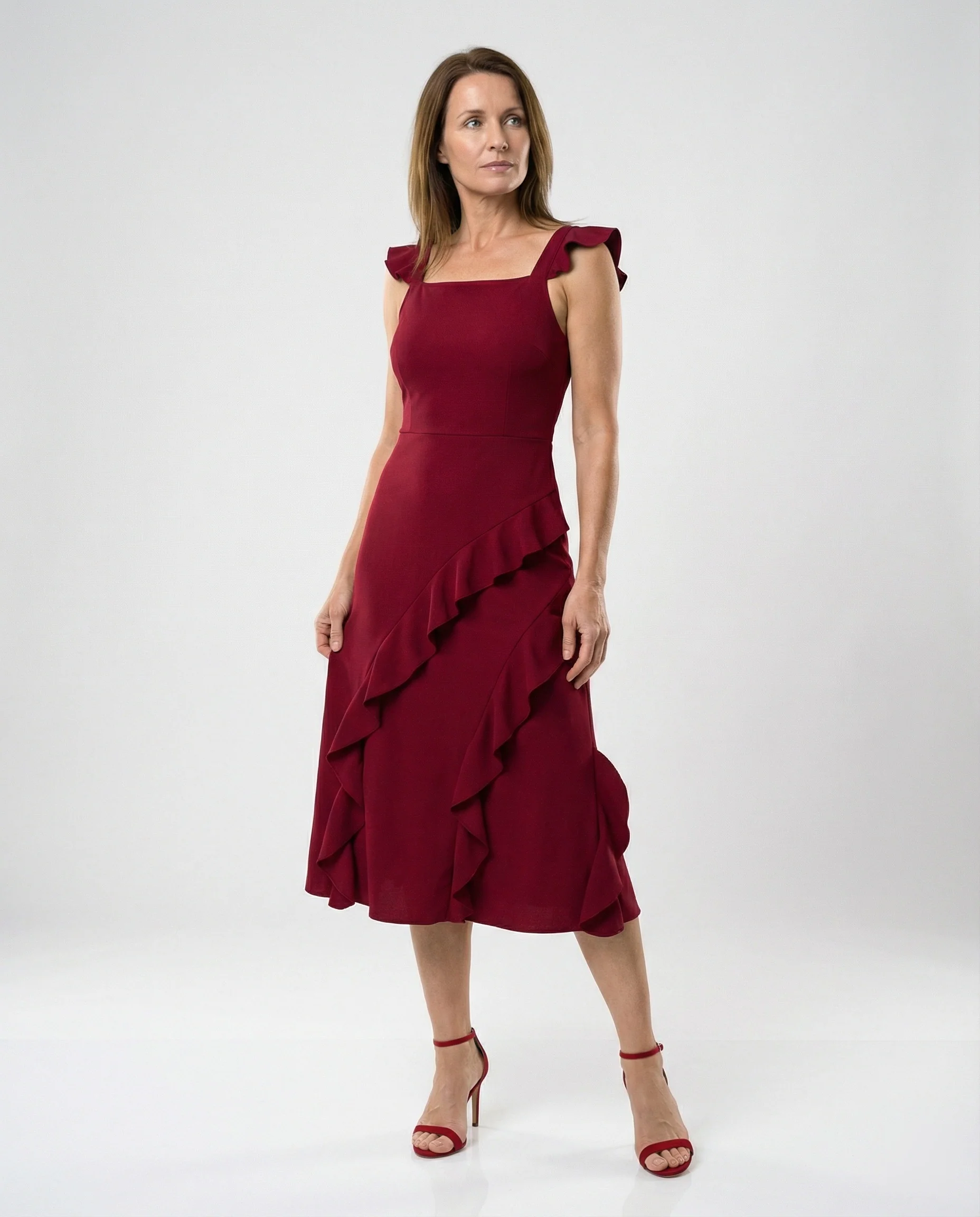 Figurbetontes Midikleid mit asymmetrischem Volant