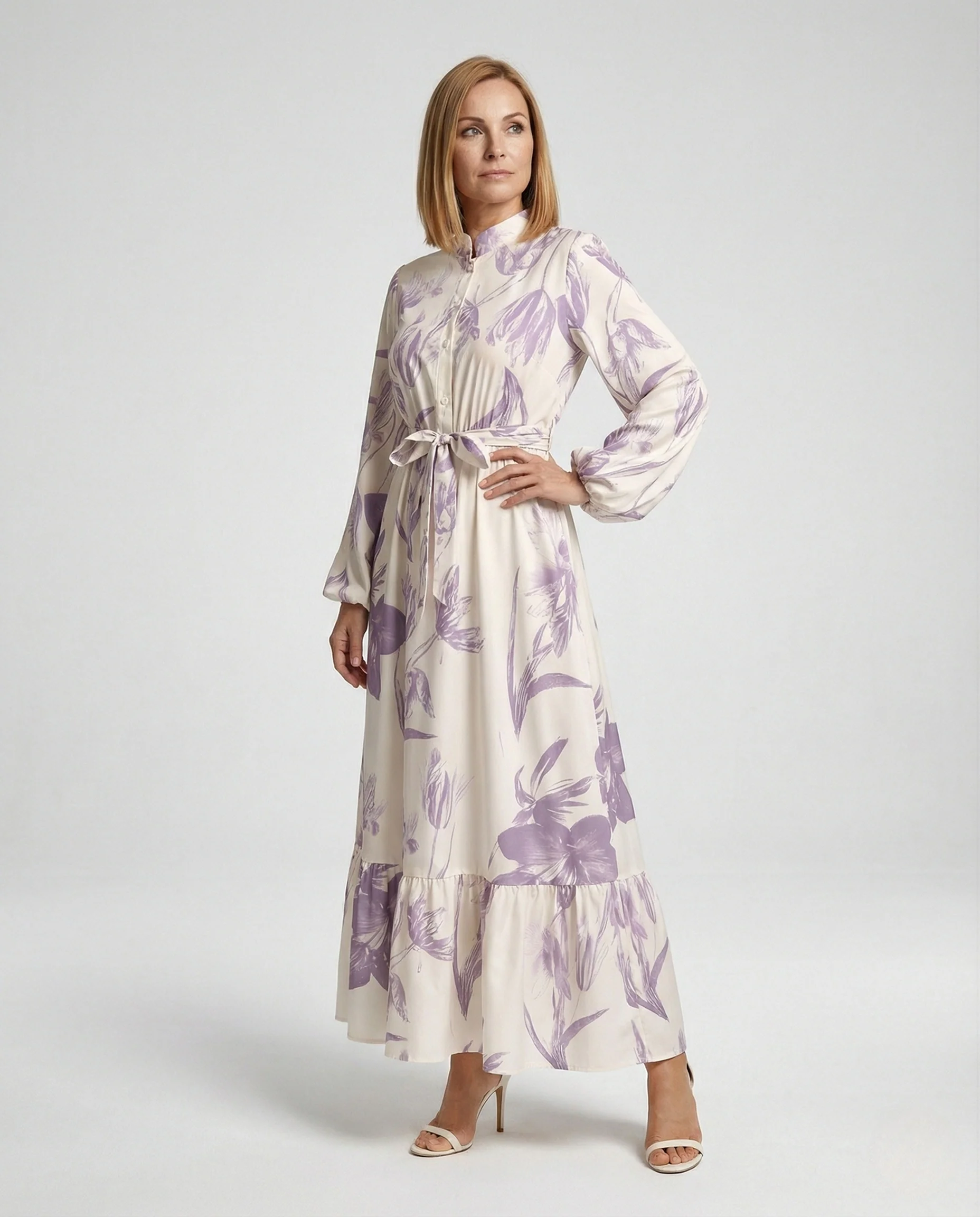 Damen Maxikleid mit Stehkragen und Ballonärmeln
