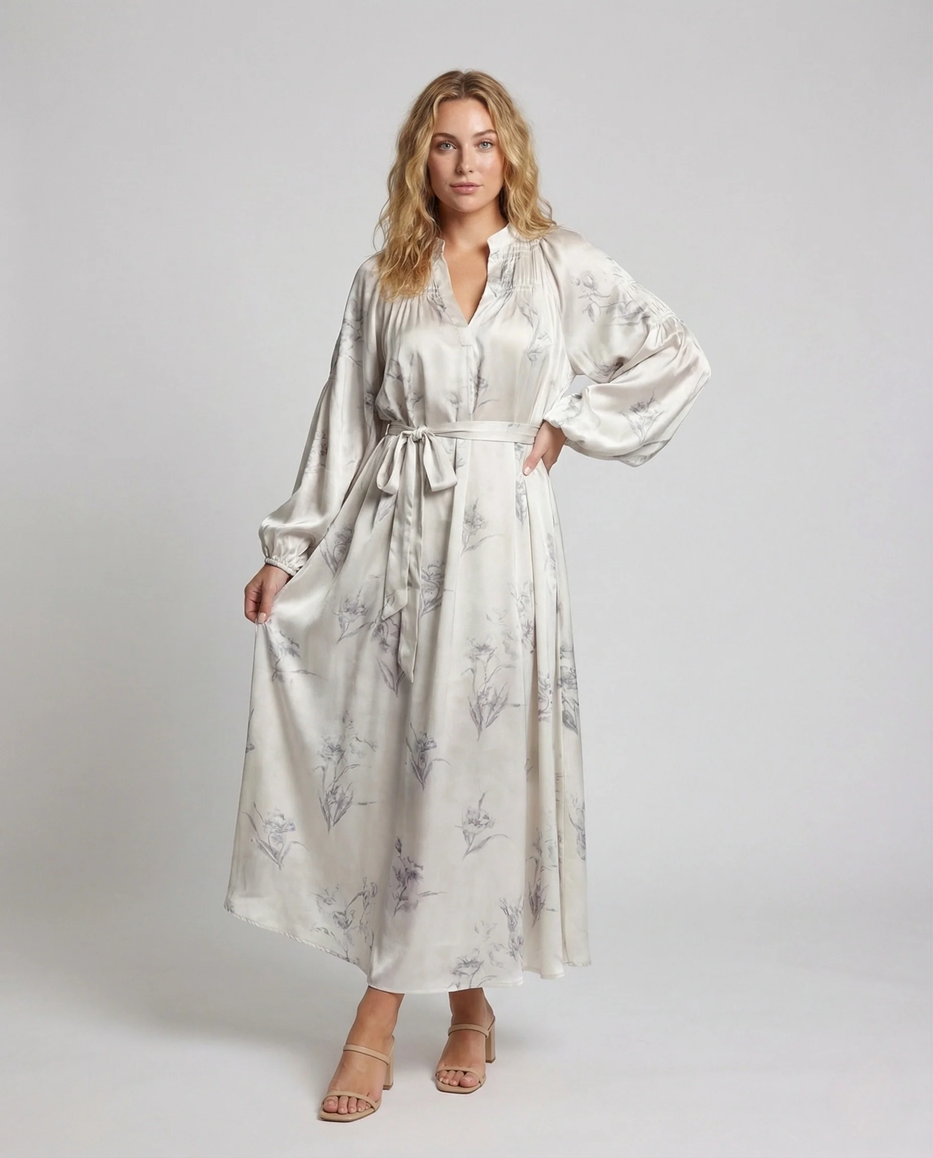 Damen Maxikleid Seidenoptik Ballonärmel
