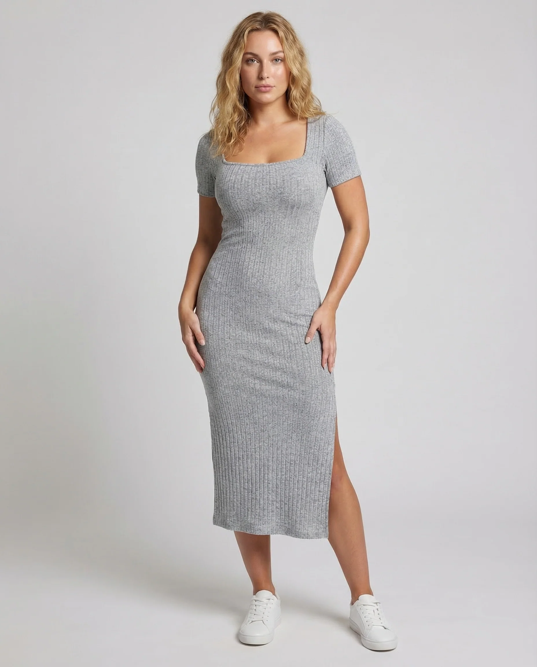 Damen Midikleid Rippstrick Schlitz