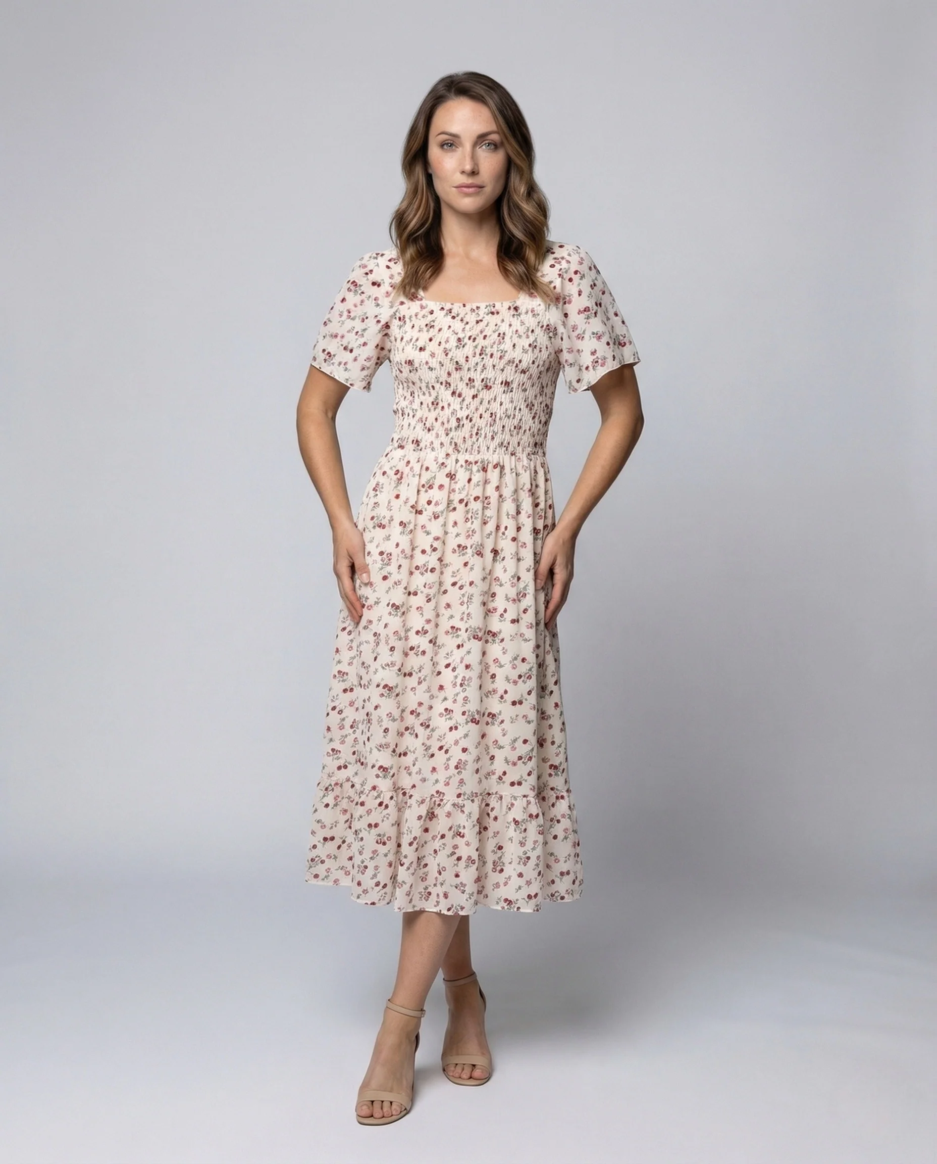 Damen Gesmoktes Midikleid mit Puffärmeln