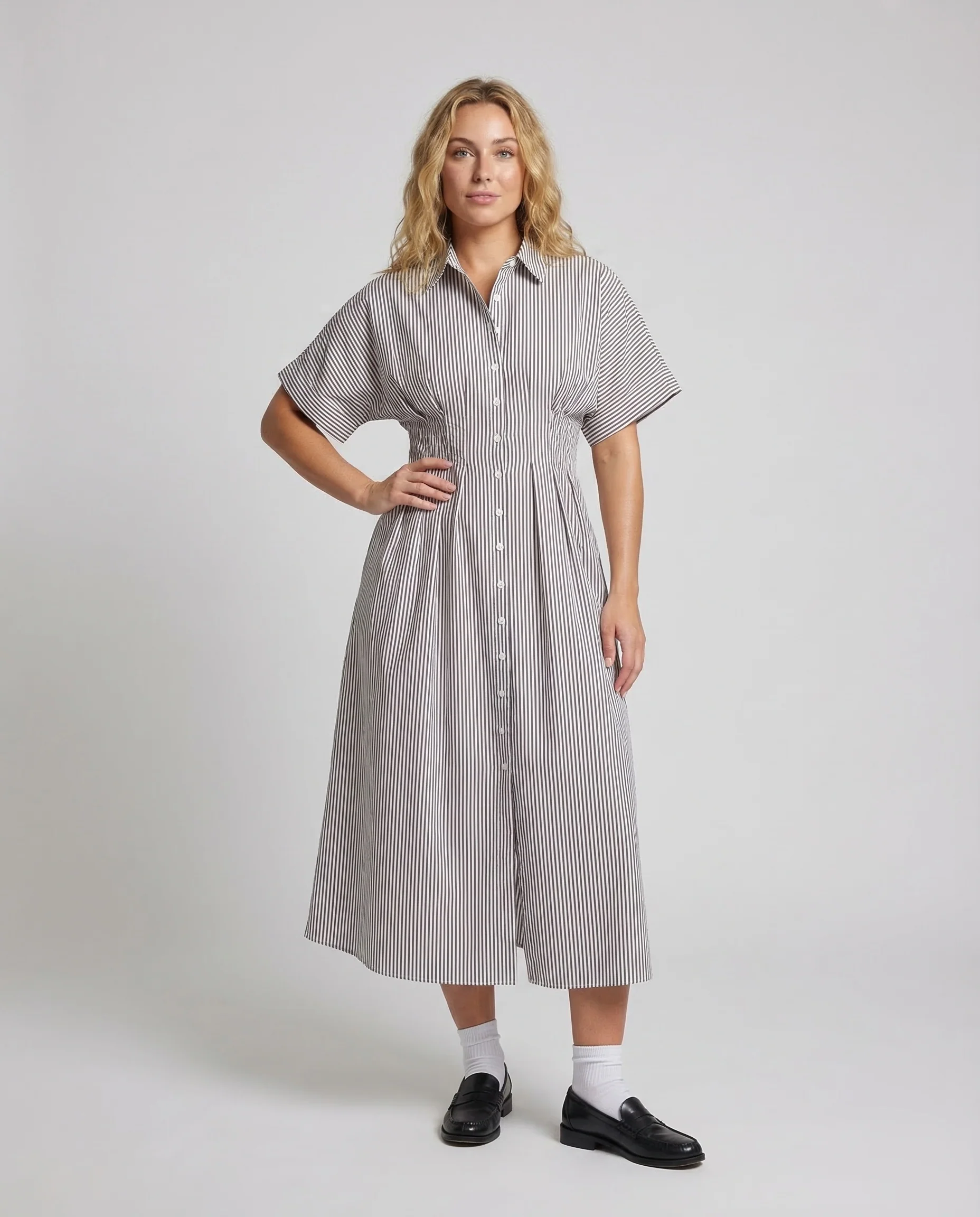 Damen Gestreiftes Hemdblusenkleid mit Knopfleiste