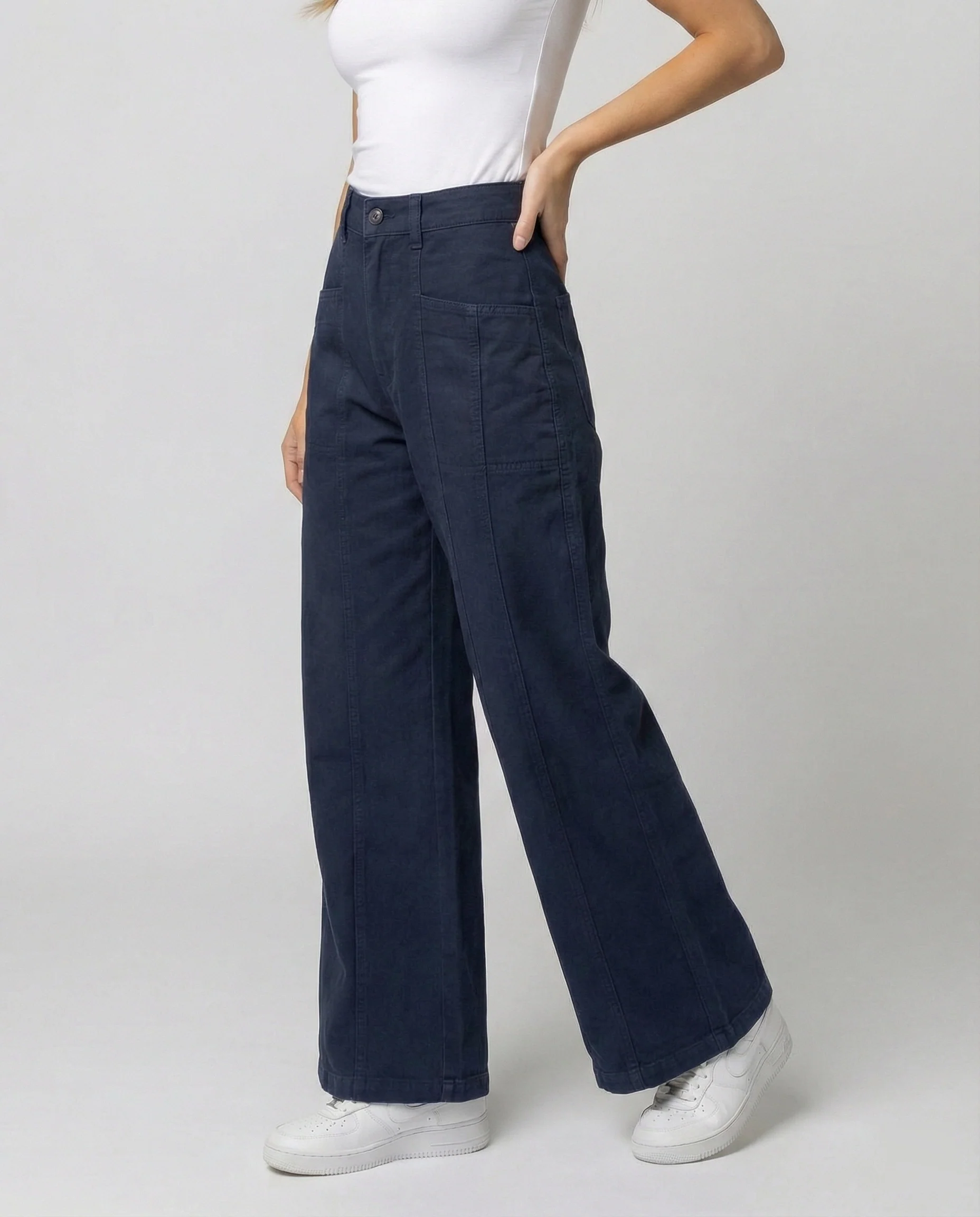 Damen hochtaillierte weite Ziernaht-Twillhose mit sichtbarer Stepplinie, Reißverschluss-Fly und tiefem Schritt Heidi-Mode