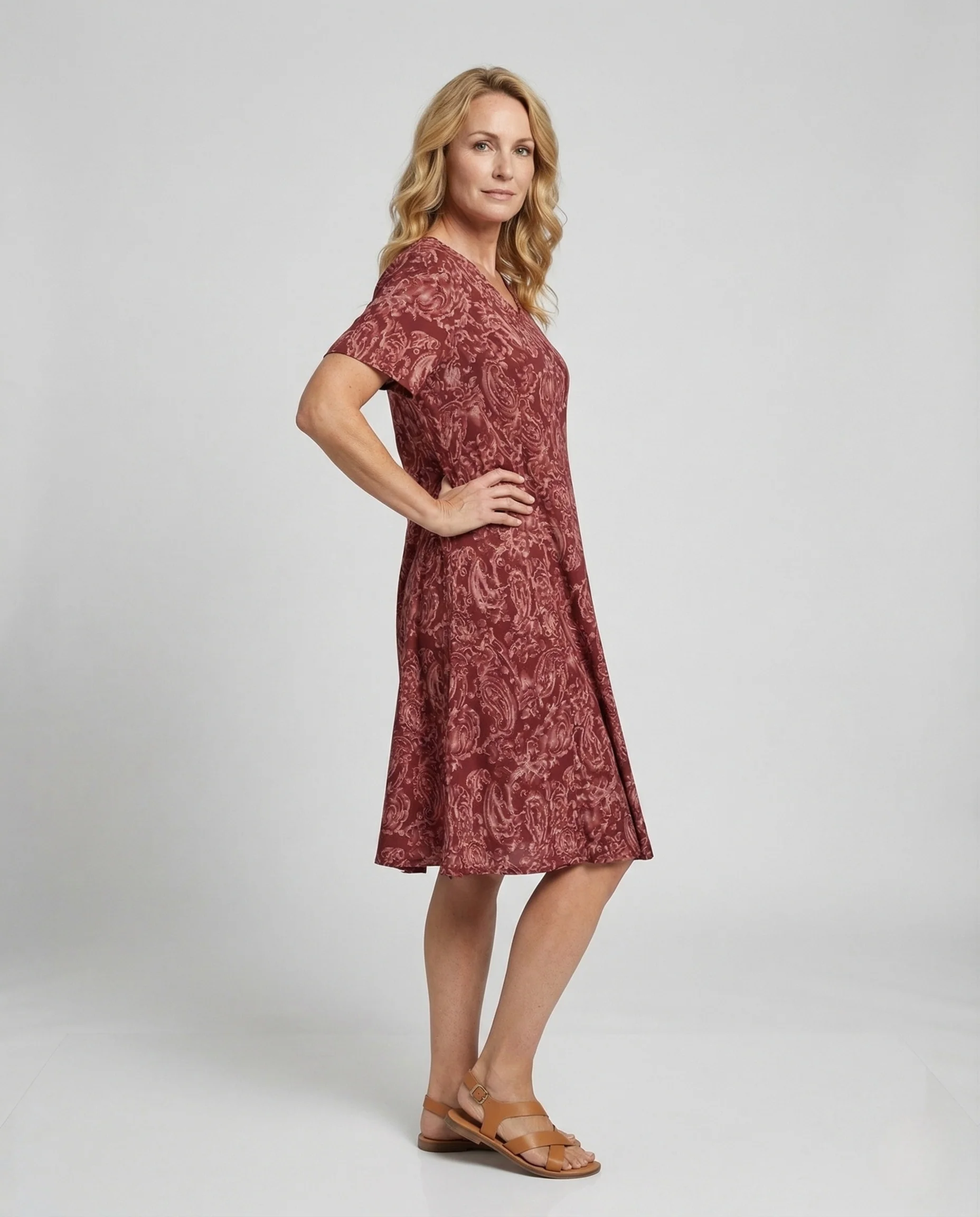 Damen Knielanges A-Linien Kleid mit Ornamentdruck