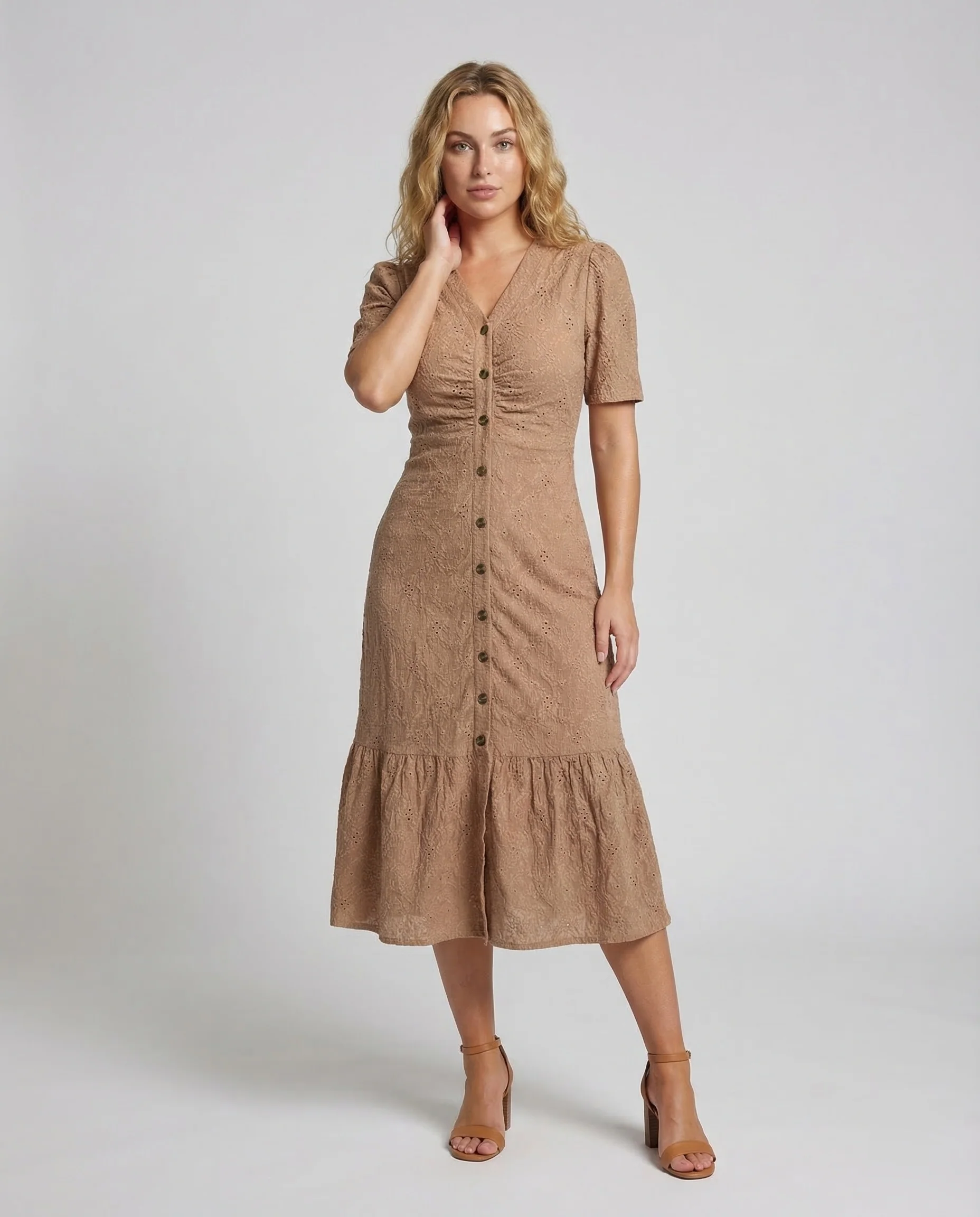 Damen Lochstickerei Kleid Knie