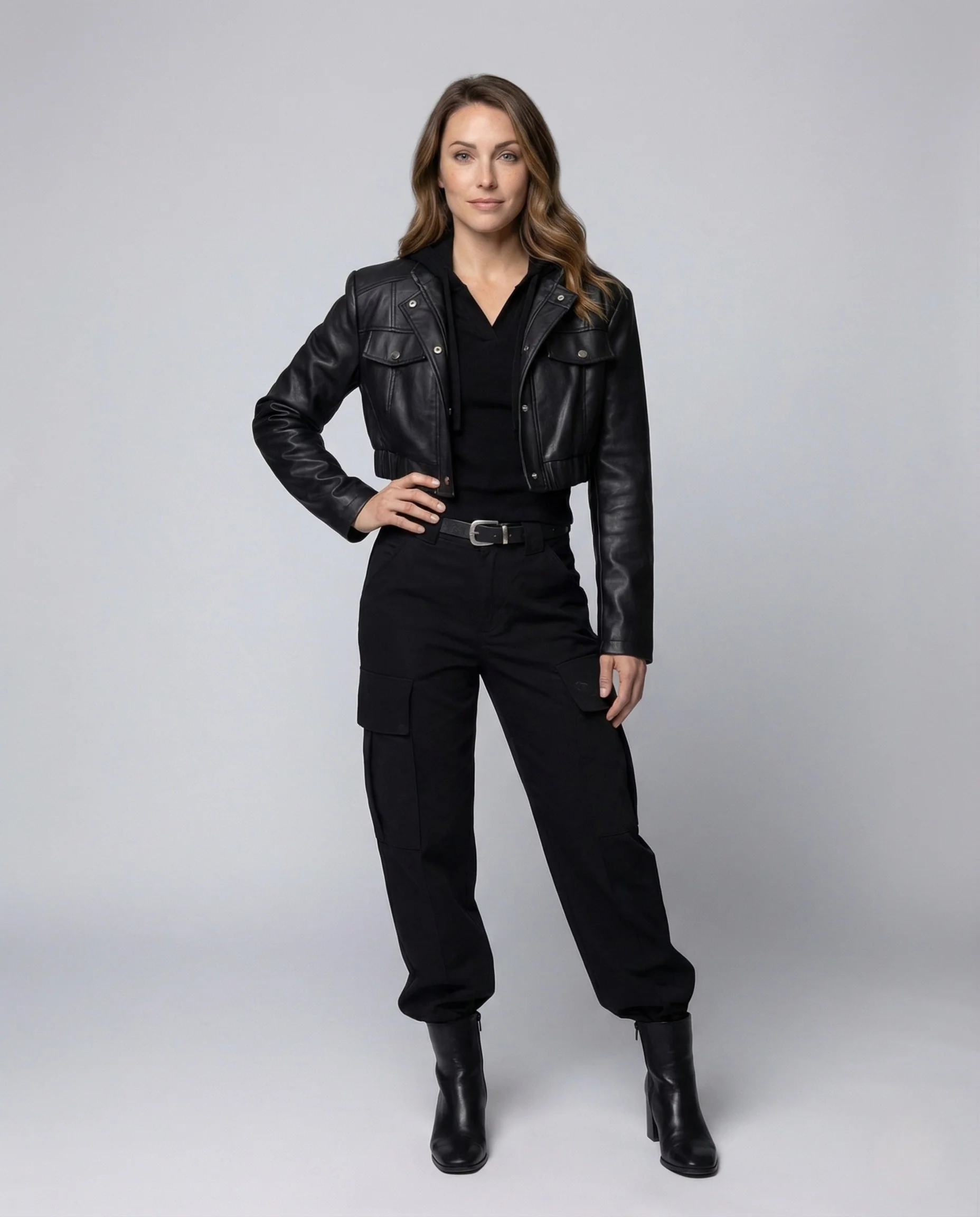 Damen Kunstleder Bikerjacke Schulterpolster