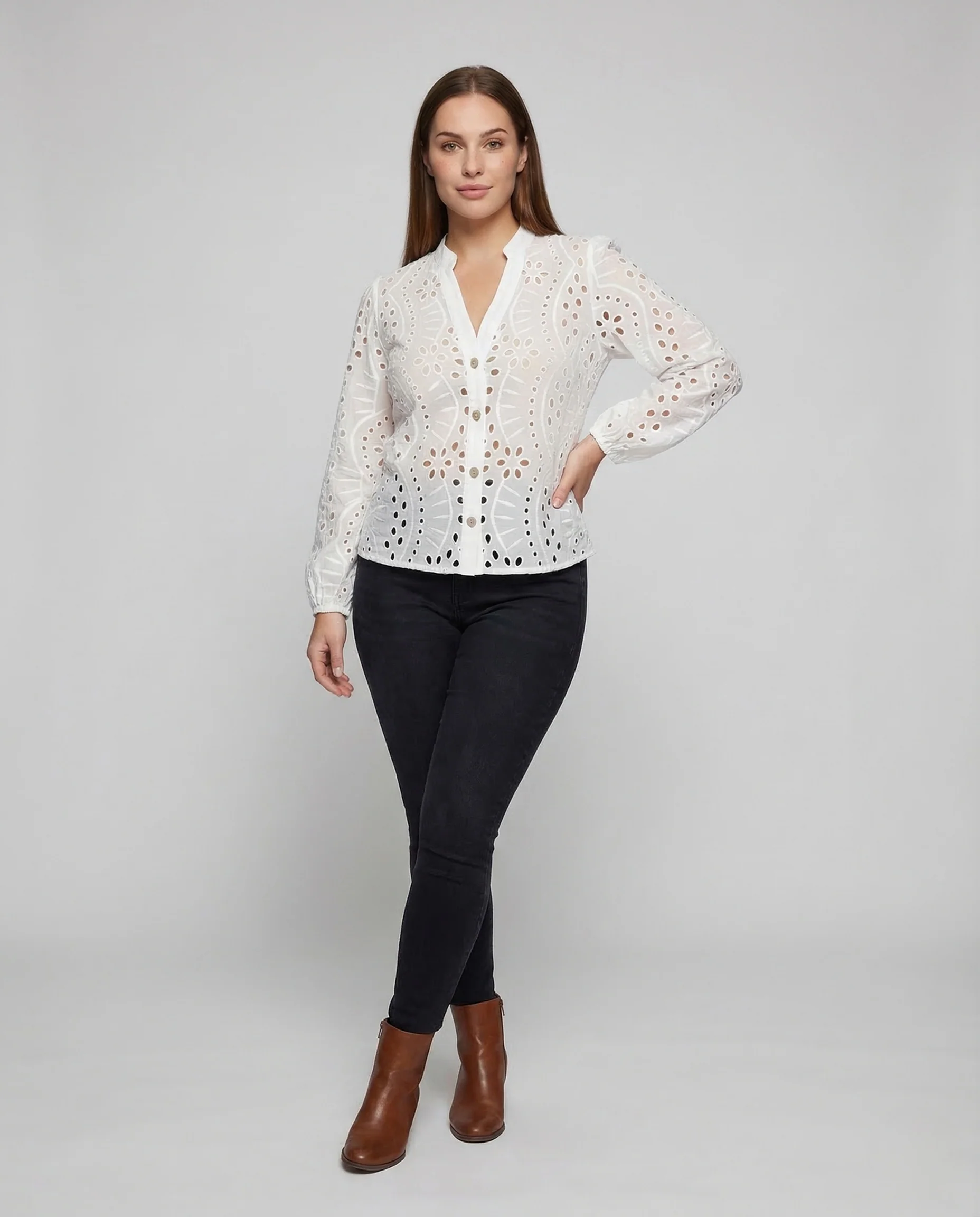 Damen Lochstickerei Bluse Ballonärmel