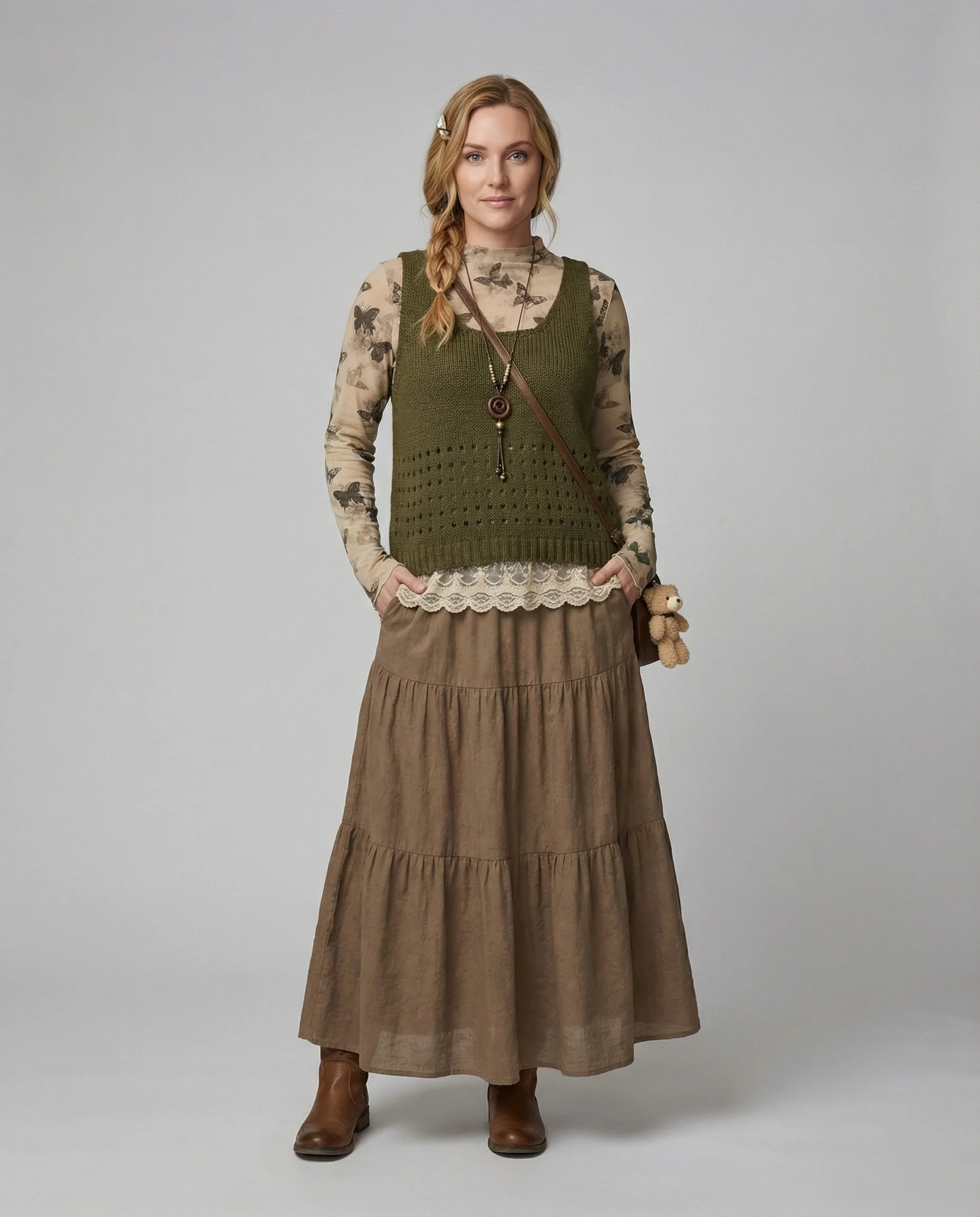 Lagenlook-Set mit Spitzenbluse, gehäkelter Strickweste und Stufenmaxirock Heidi Mode