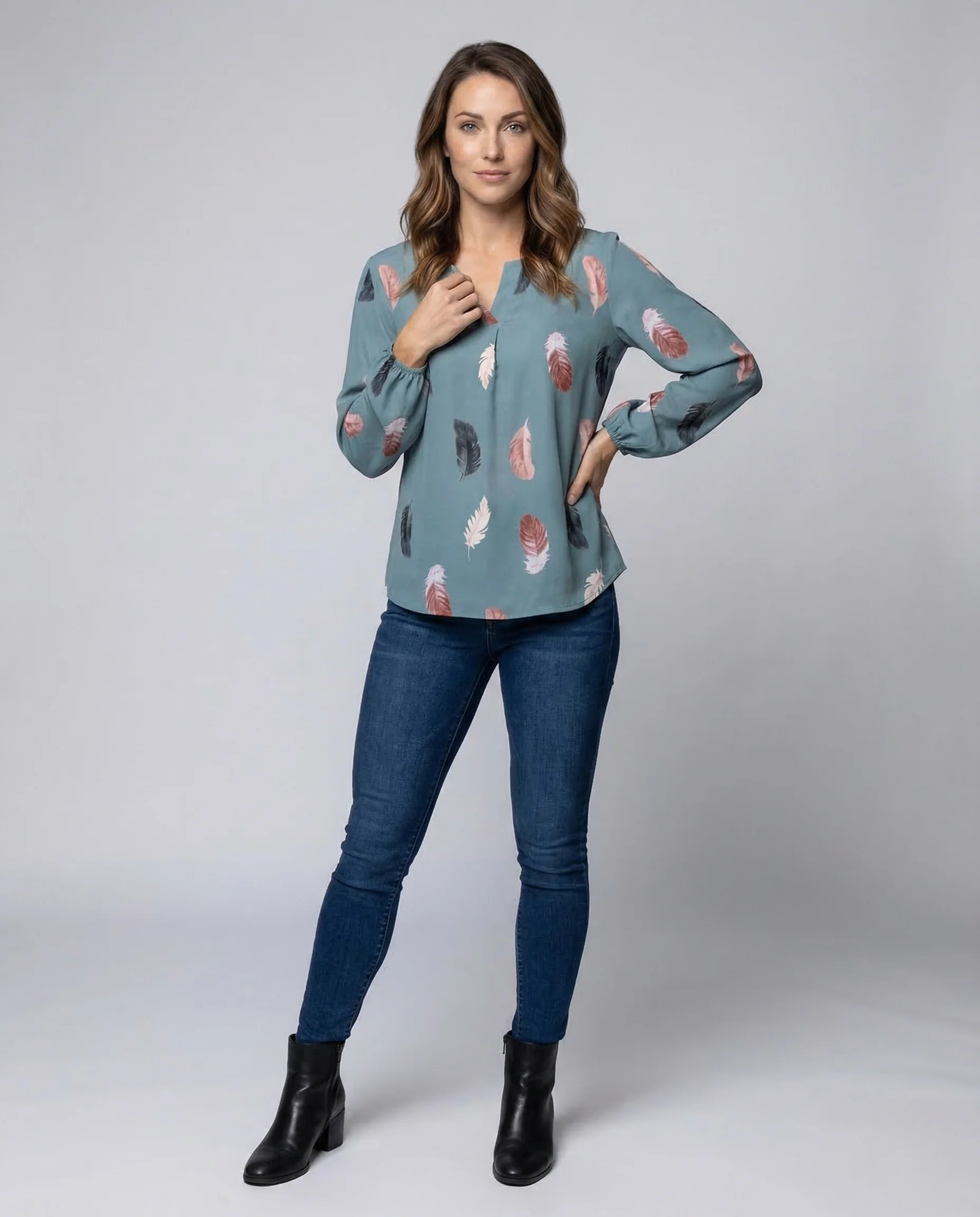 Damen Chiffonbluse Federmotiv Ballonärmel