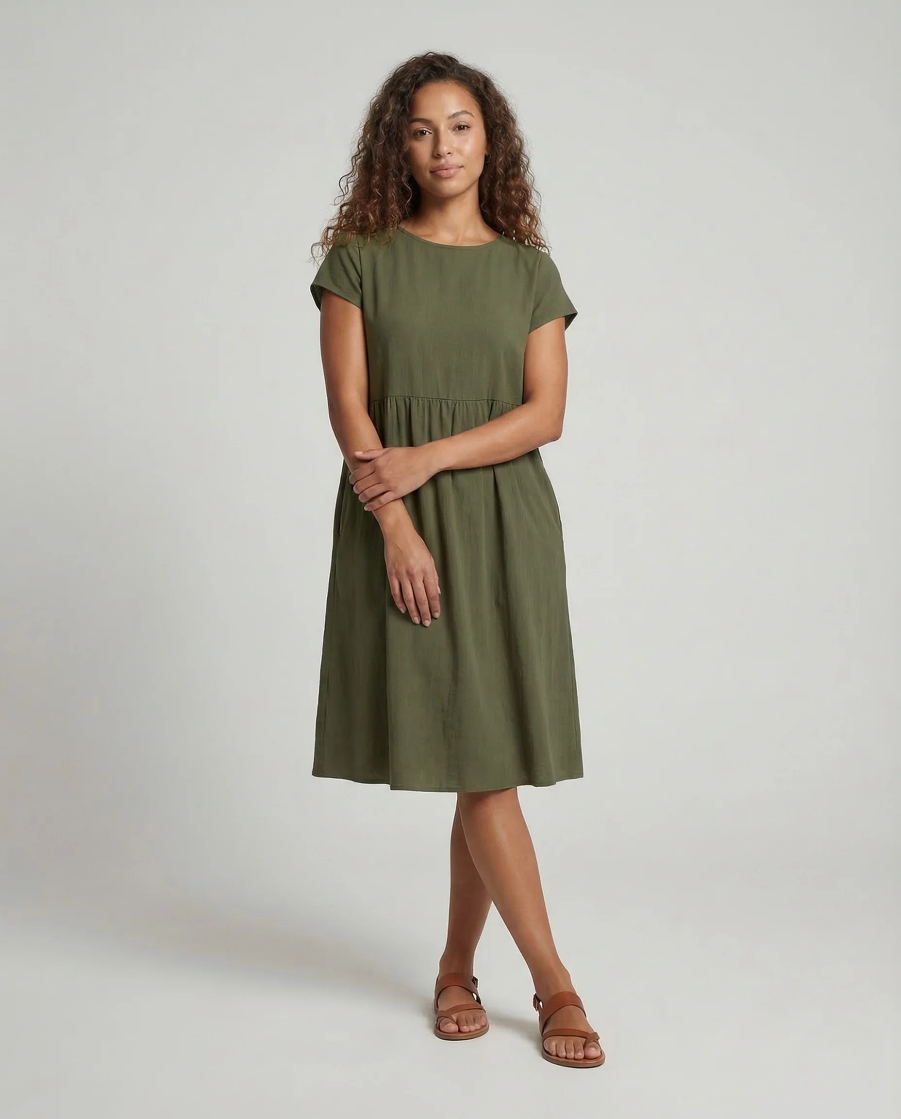 Damen Midikleid Empire Taille Taschen