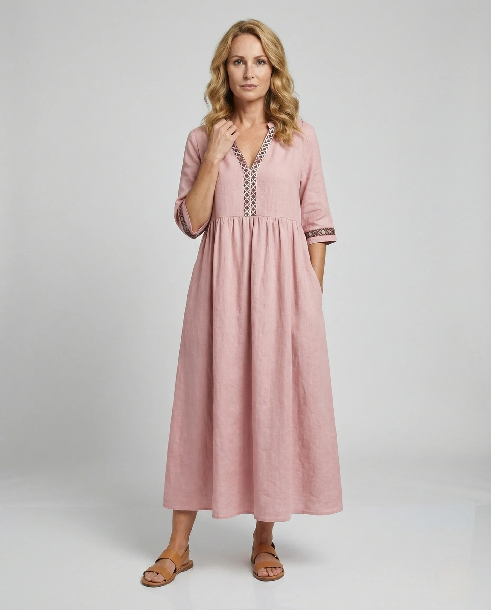 Damen Maxikleid Sommer Leinenoptik Spitze