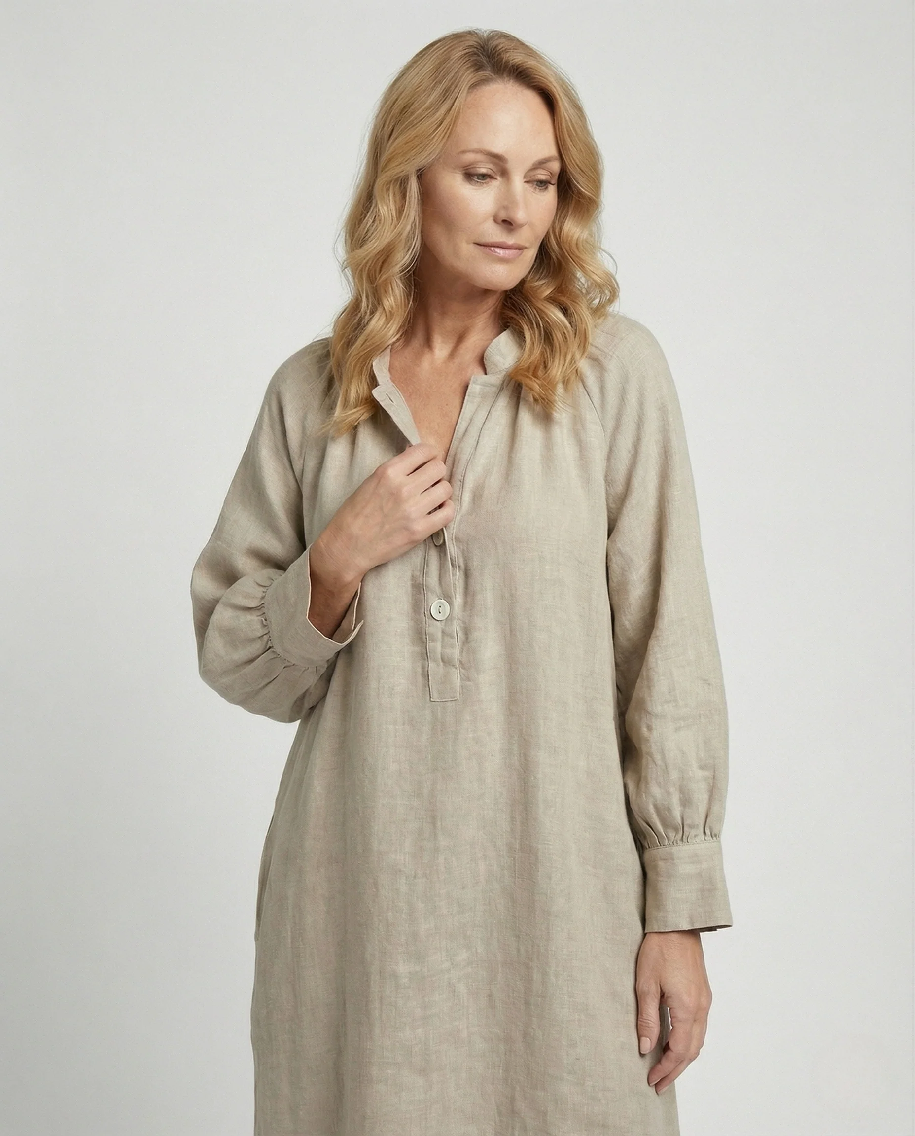 Damen Leinen-Maxikleid mit Ballonärmeln