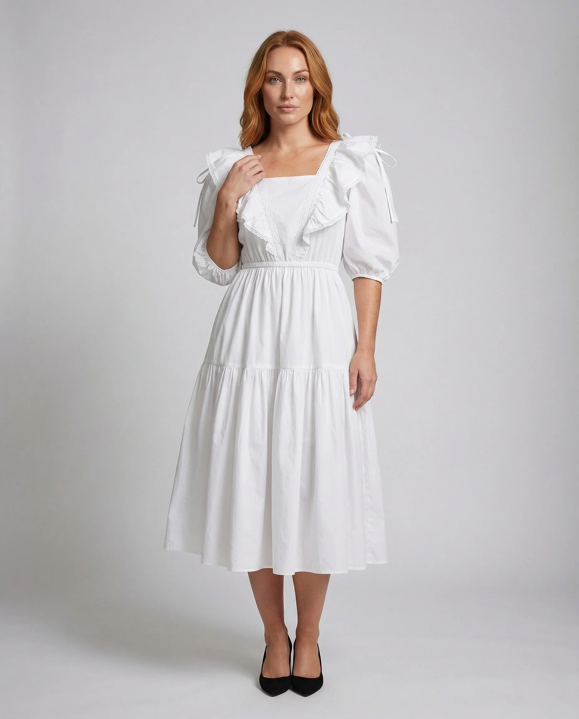 Damen Midikleid mit Volantkragen