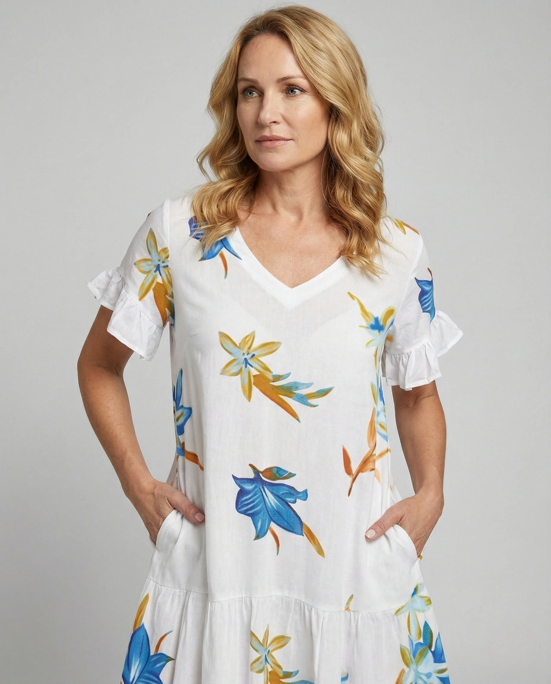 Damen Stufenkleid mit Volantärmeln und Taschen