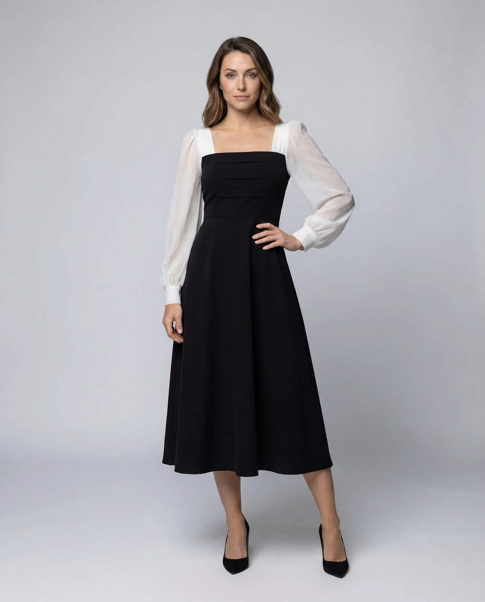 Damen Midikleid Zweiteiler Look Chiffonärmel