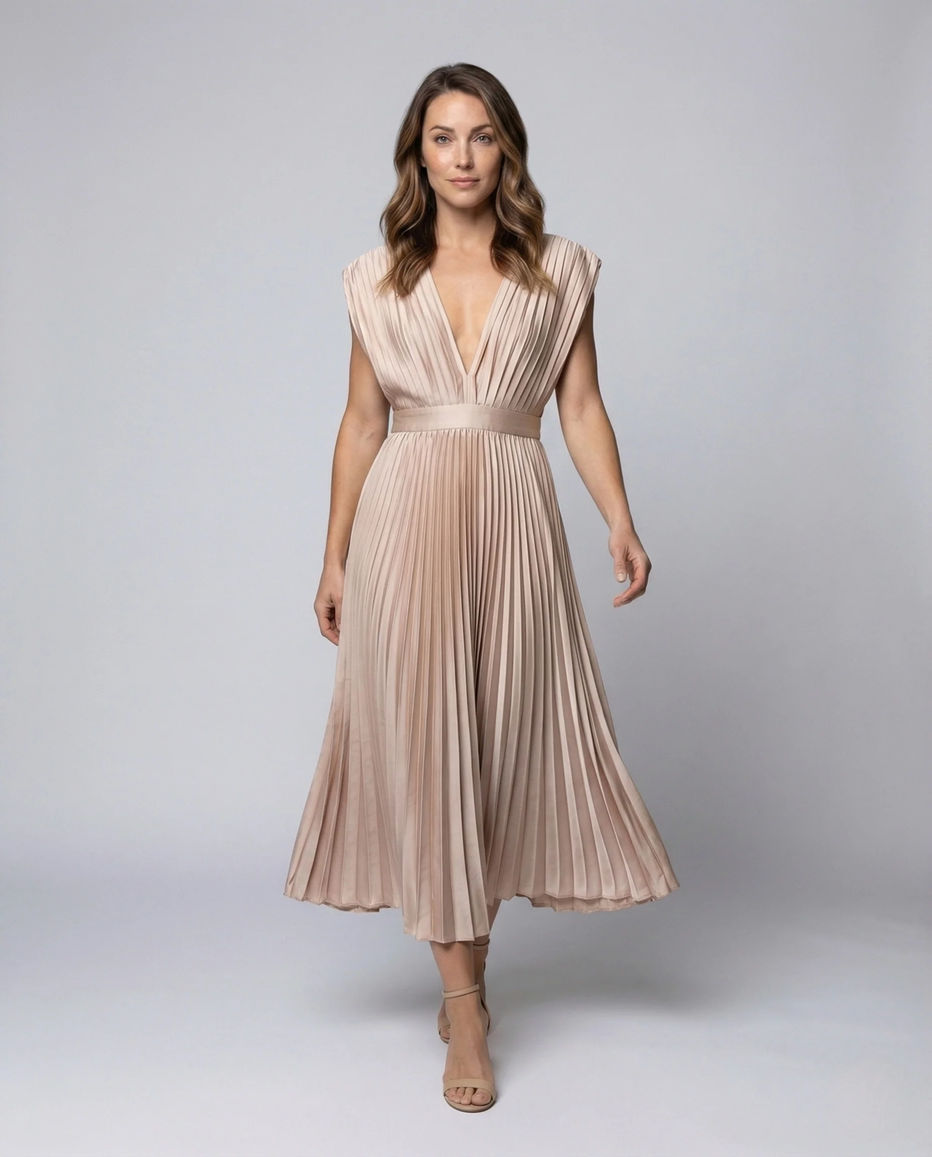 Damen Midikleid Plissee V Ausschnitt