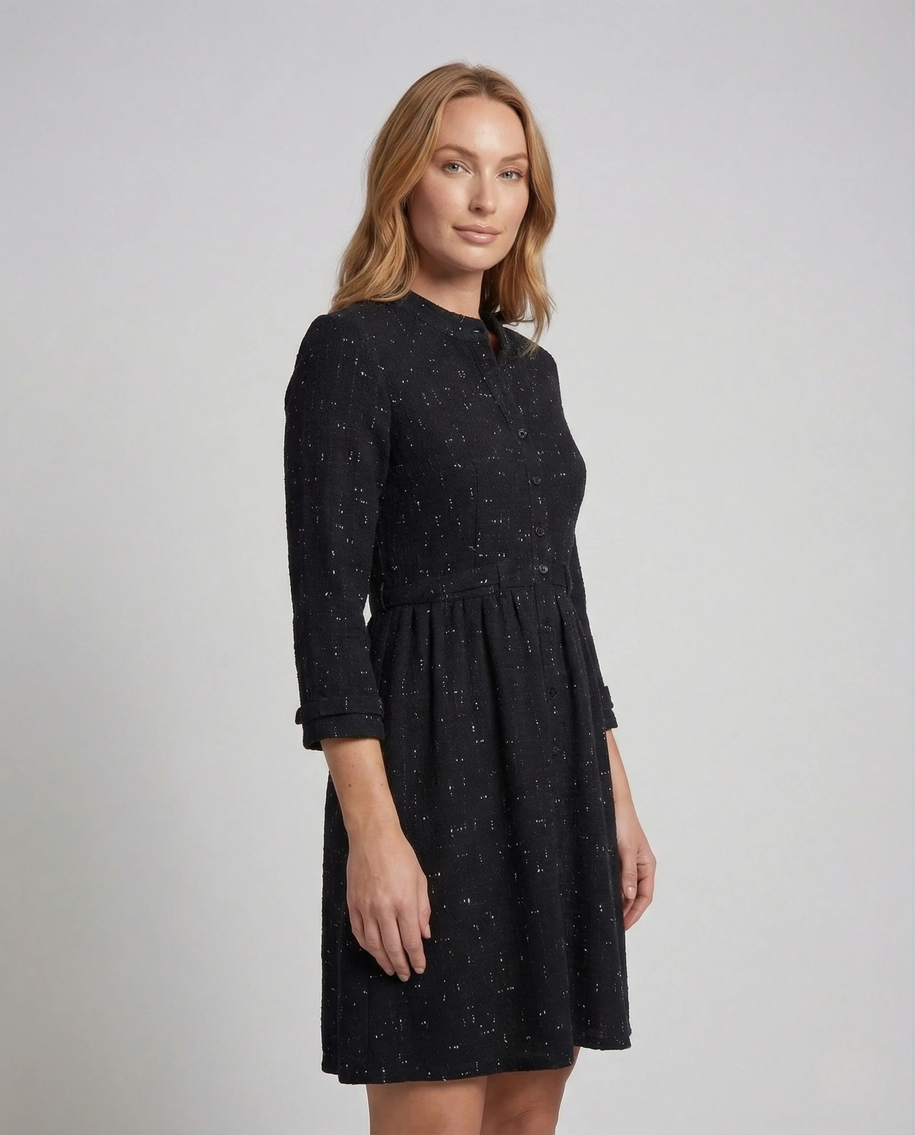 Damen Tweedoptik Kleid mit Knöpfen