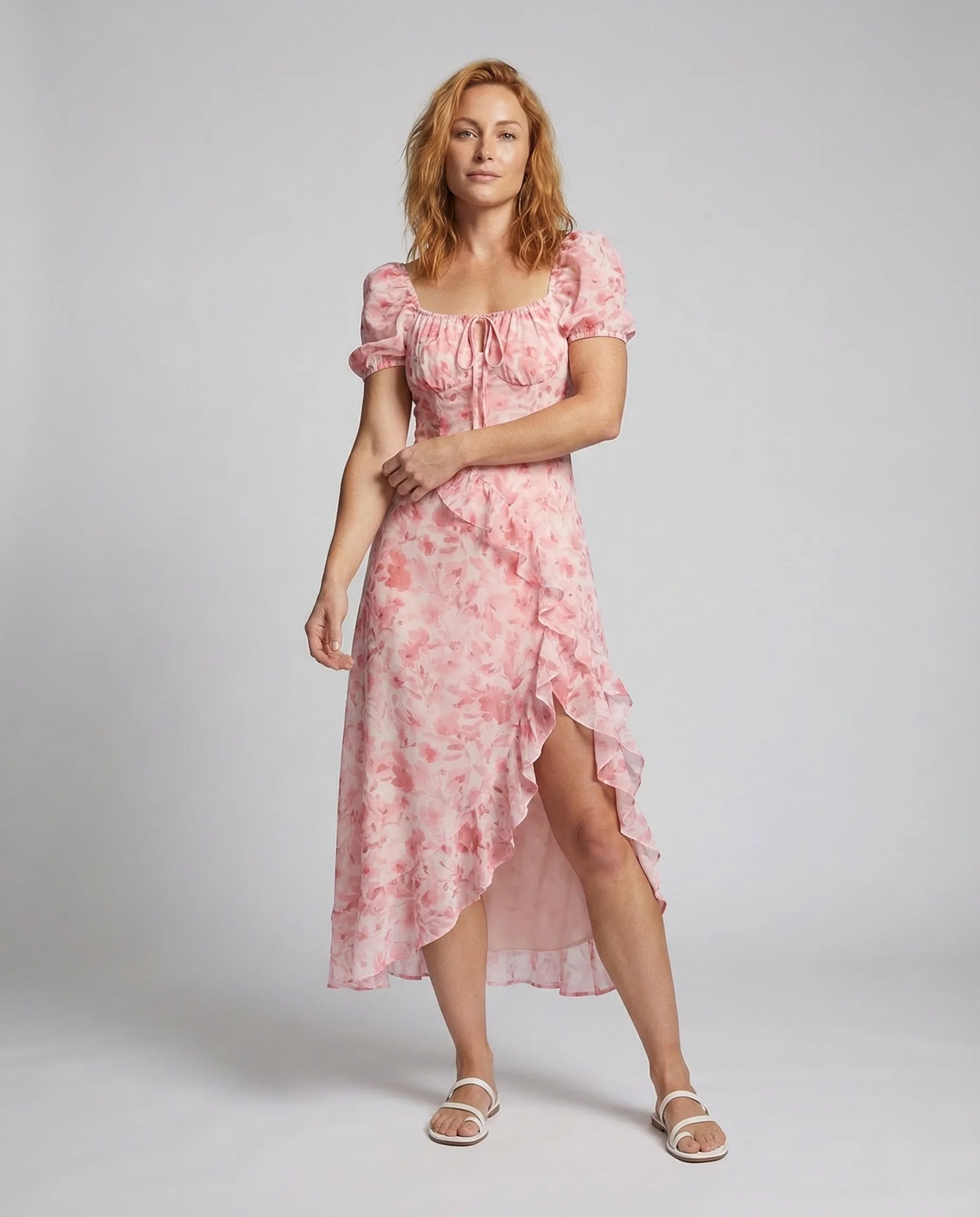 Damen Maxikleid Puffärmel Volantsaum