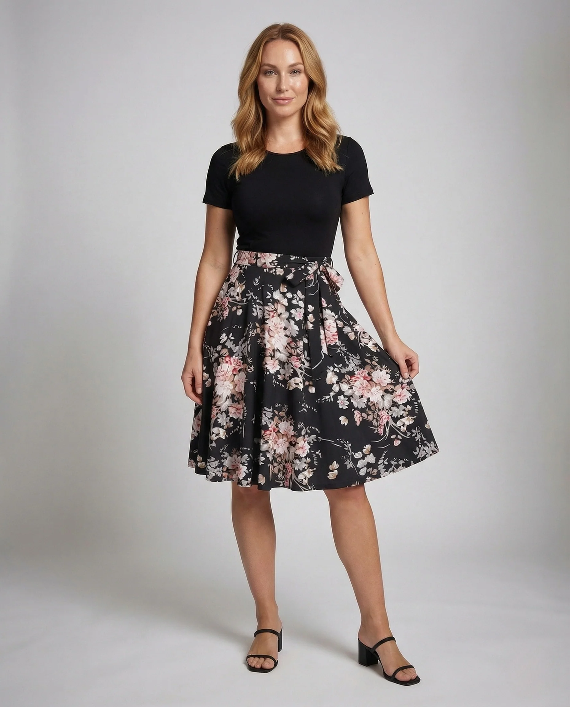 Damen Midikleid Blumenmuster Tellerrock