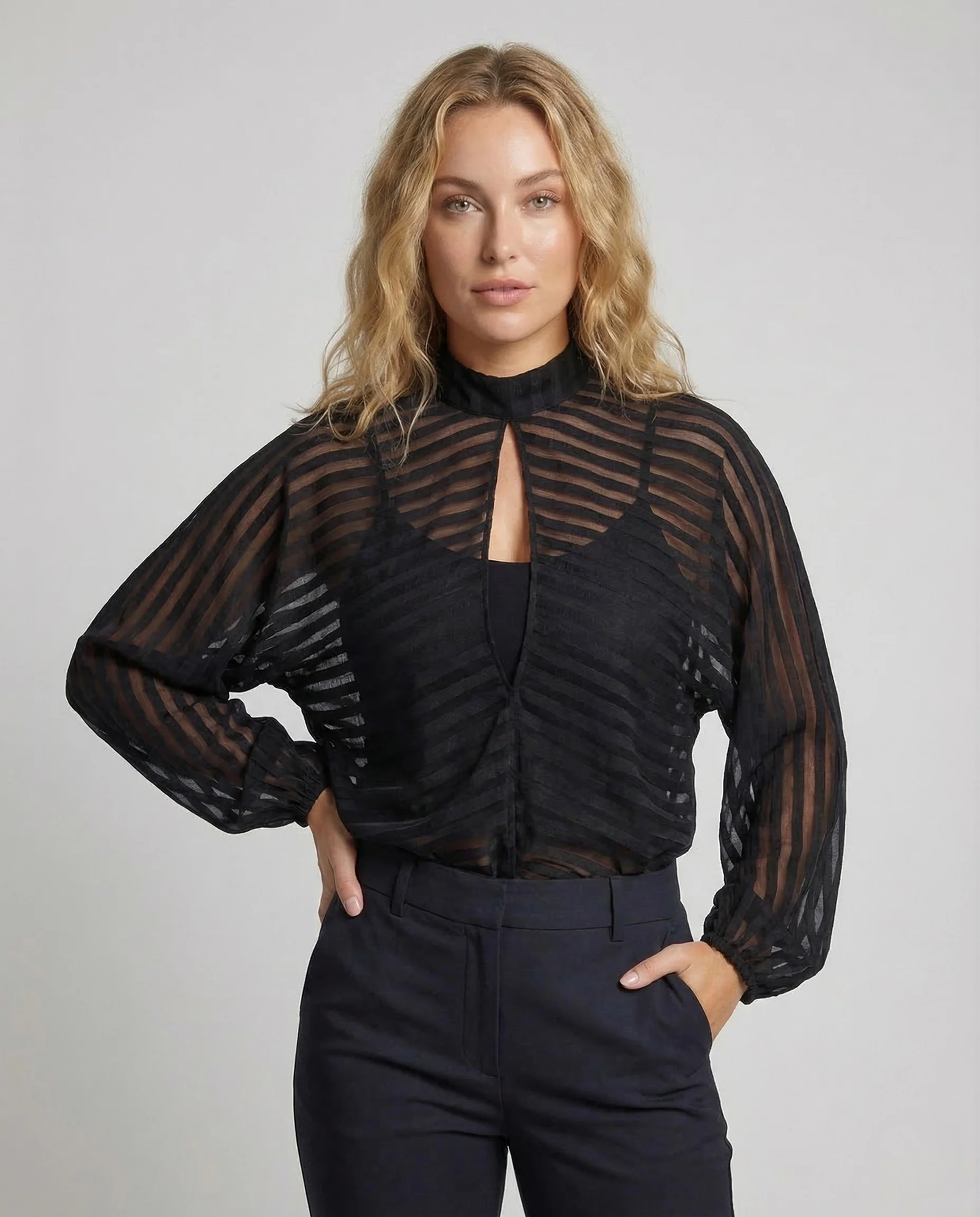Damen Chiffonbluse Transparent Stehkragen Ballonärmel