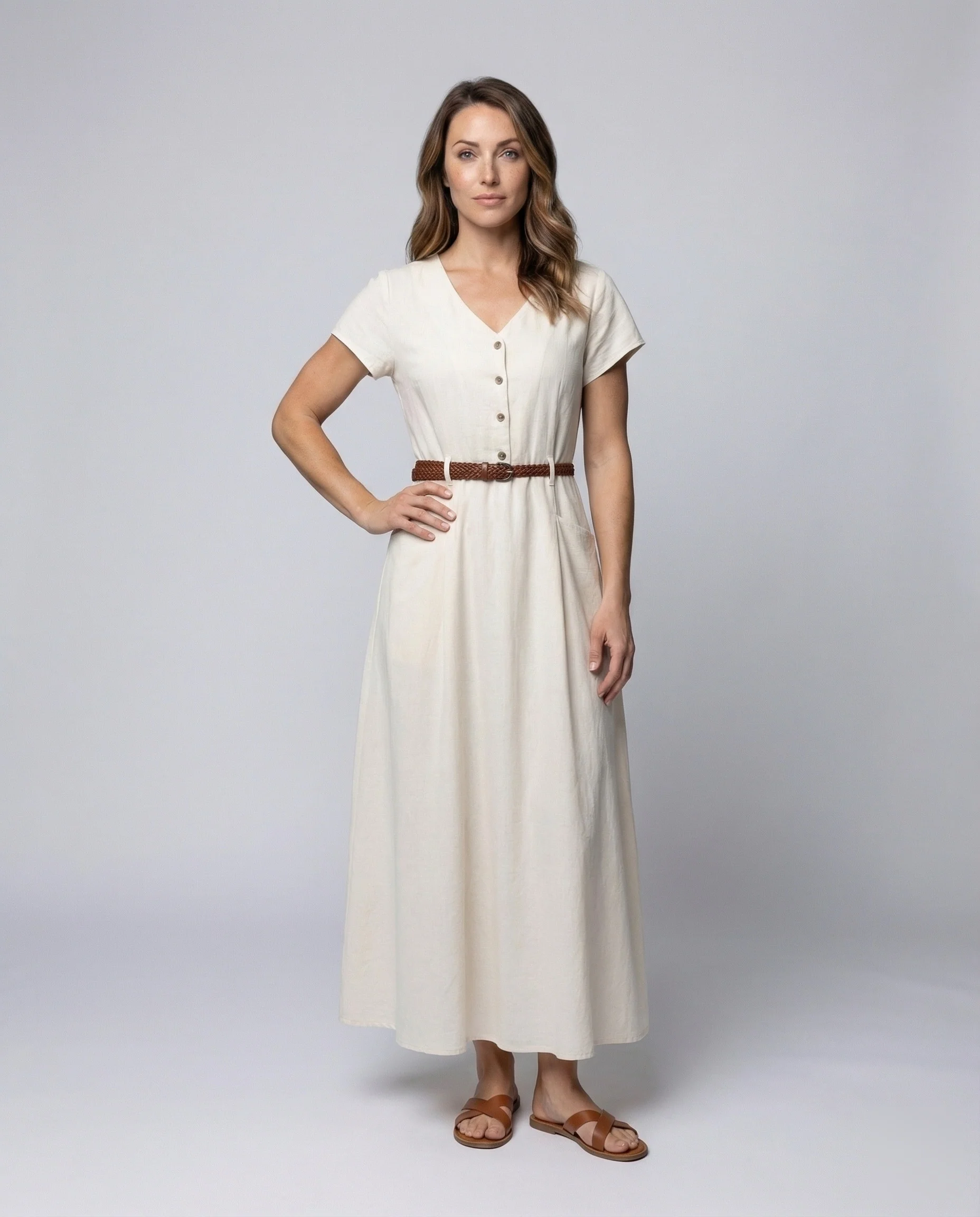 Damen V-Ausschnitt Maxikleid mit Knopfleiste