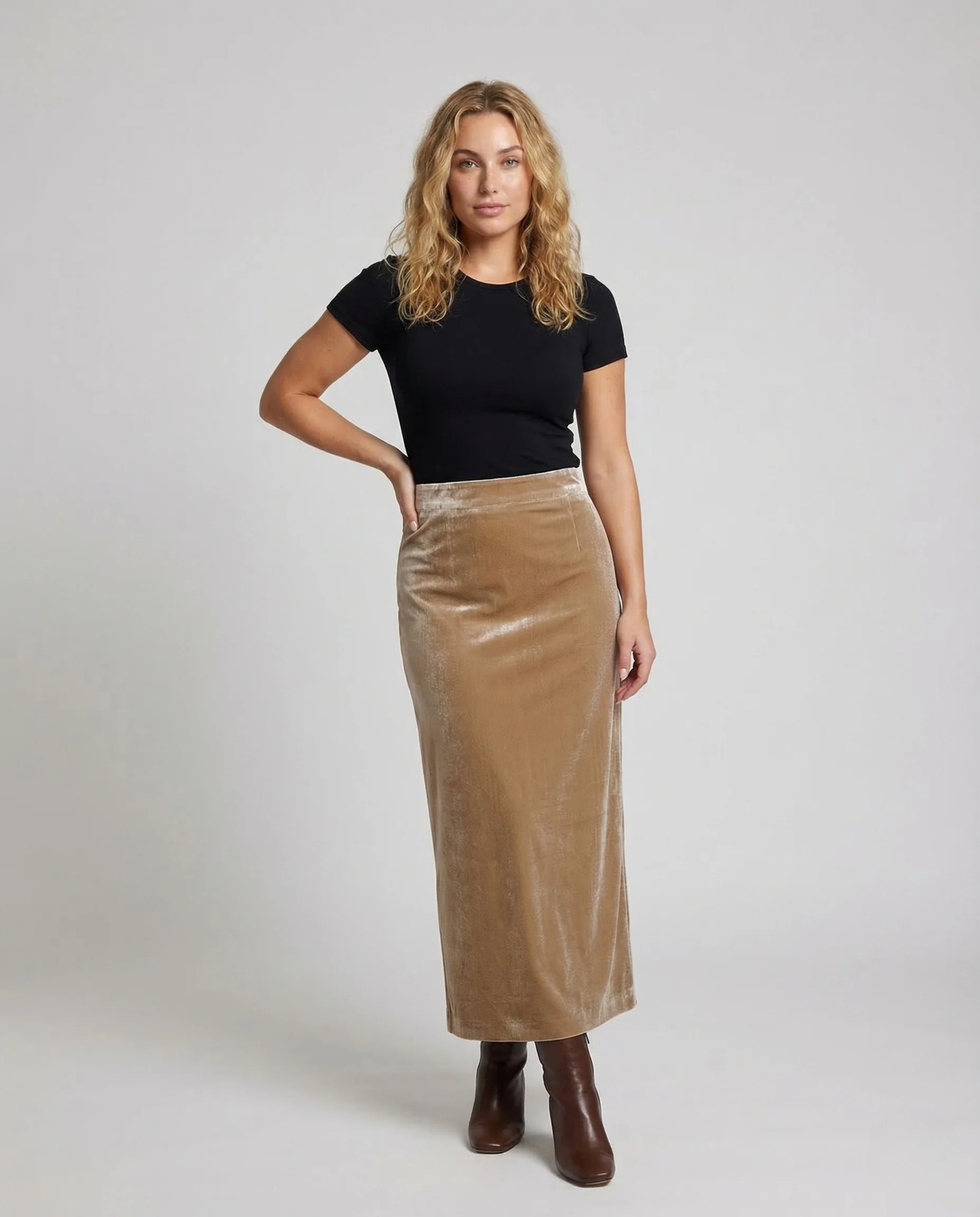 Damen Samt Midirock High Waist