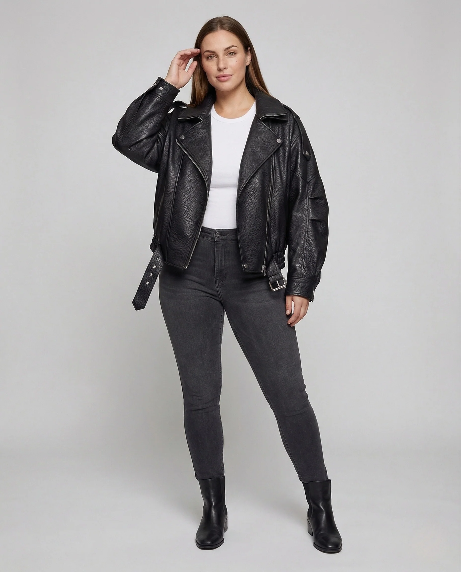 Damen Bikerjacke Kunstleder Weit Taillengürtel